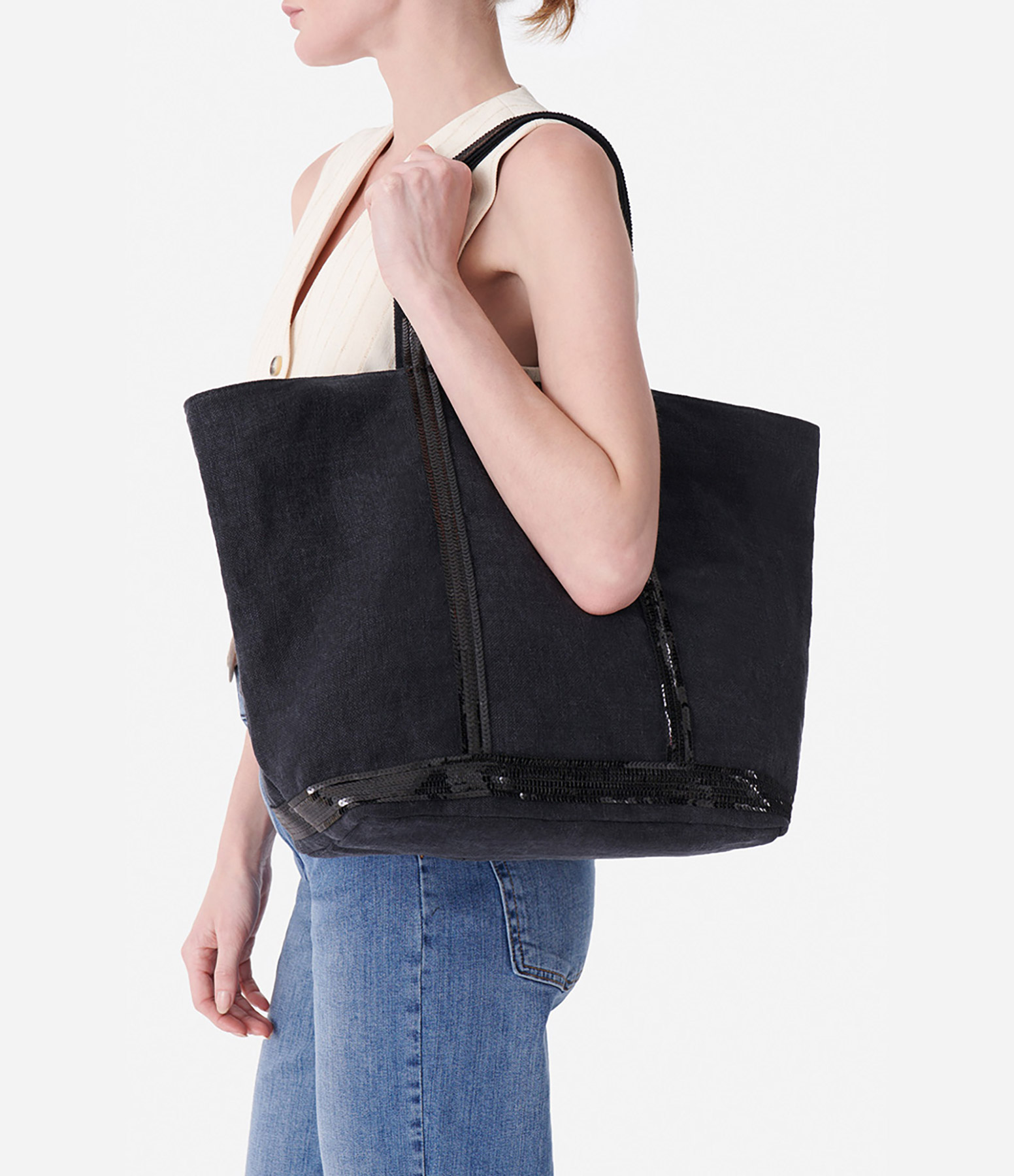 Black L Linen Tote Bag with Zip