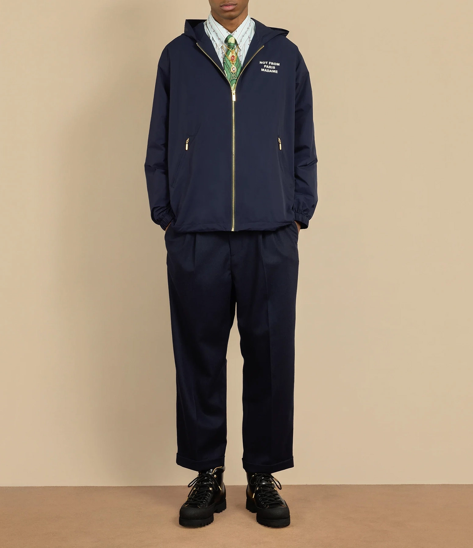 Navy Slogan Hooded Jacket