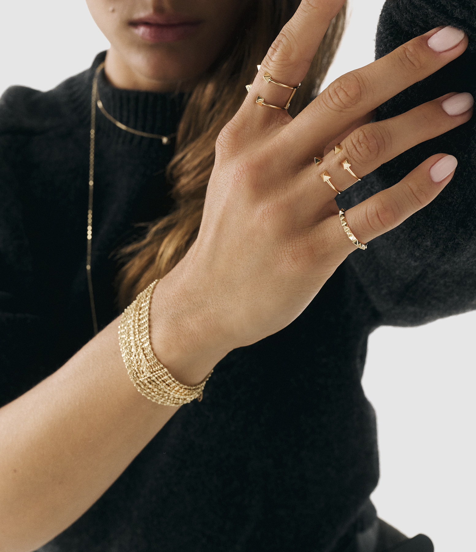 Open-Band Double-Tier Pyramid Diamond Ring in Yellow Gold