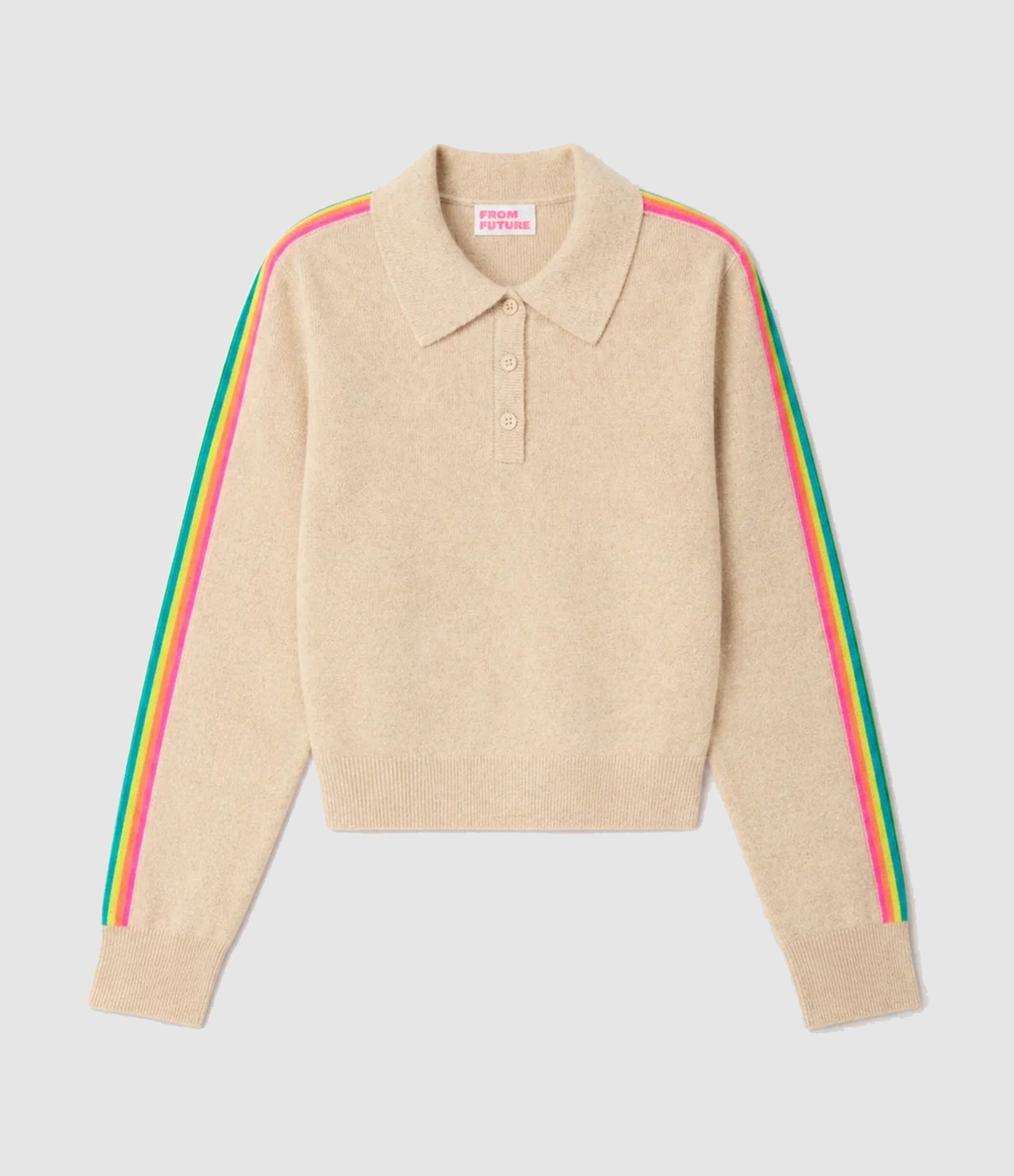 Pull Beige Col Polo Bandes Multicolores