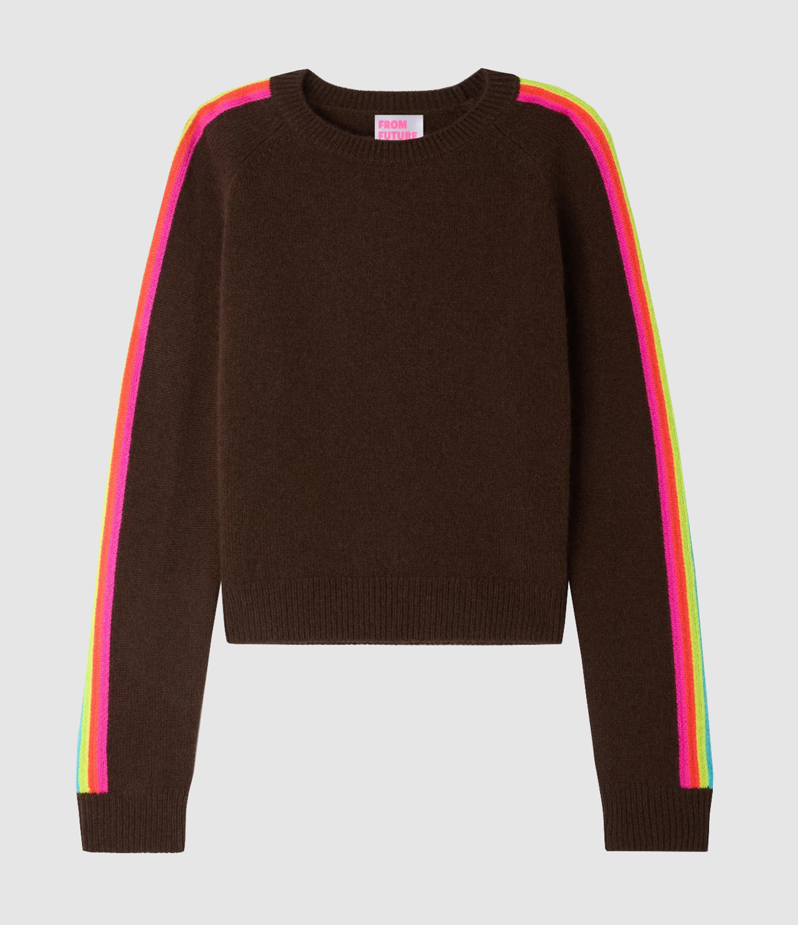 Chocolate-Coloured Round-Neck Jumper with Multicoloured Stripes