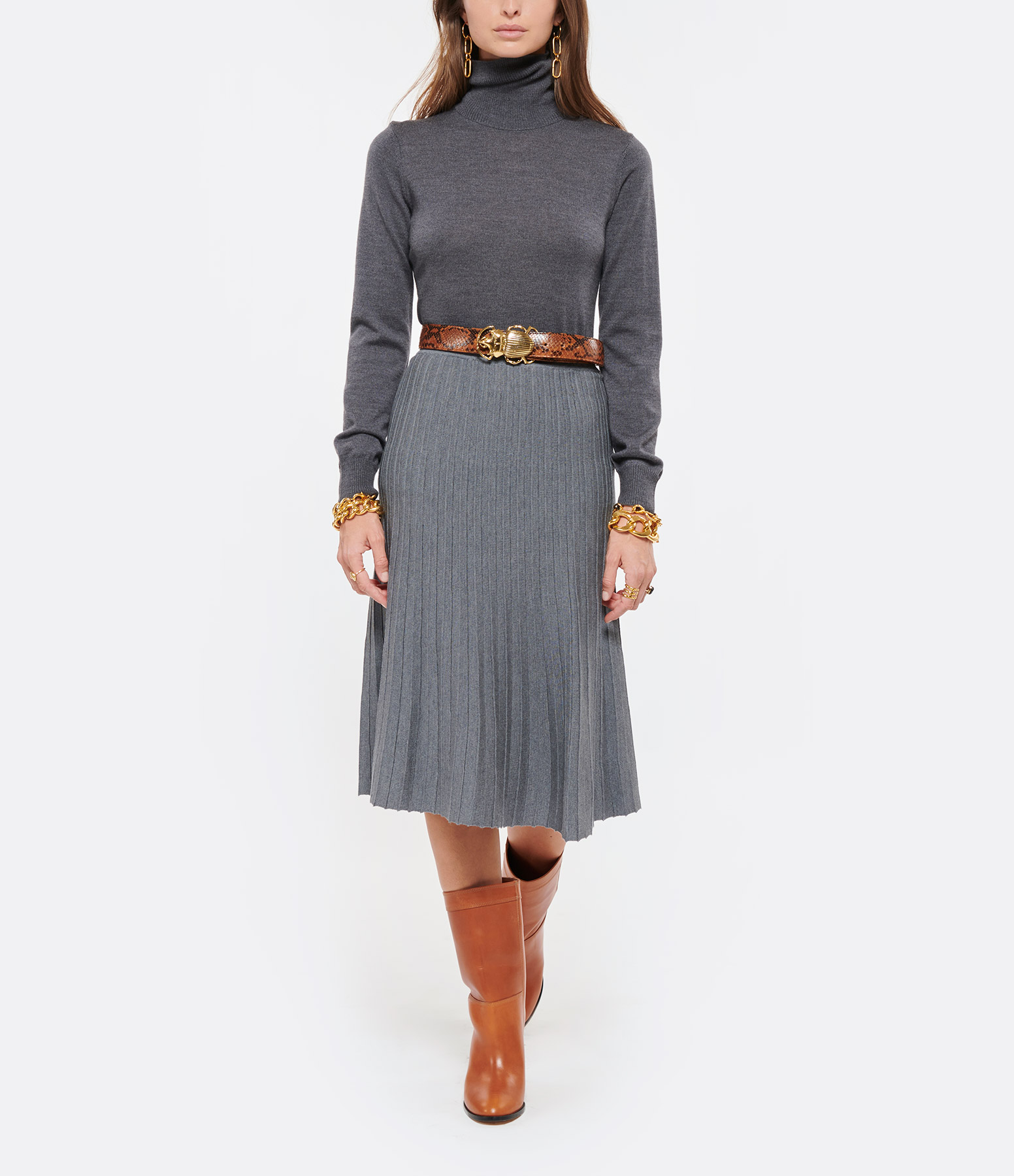 Grey Pleated Wool Skirt