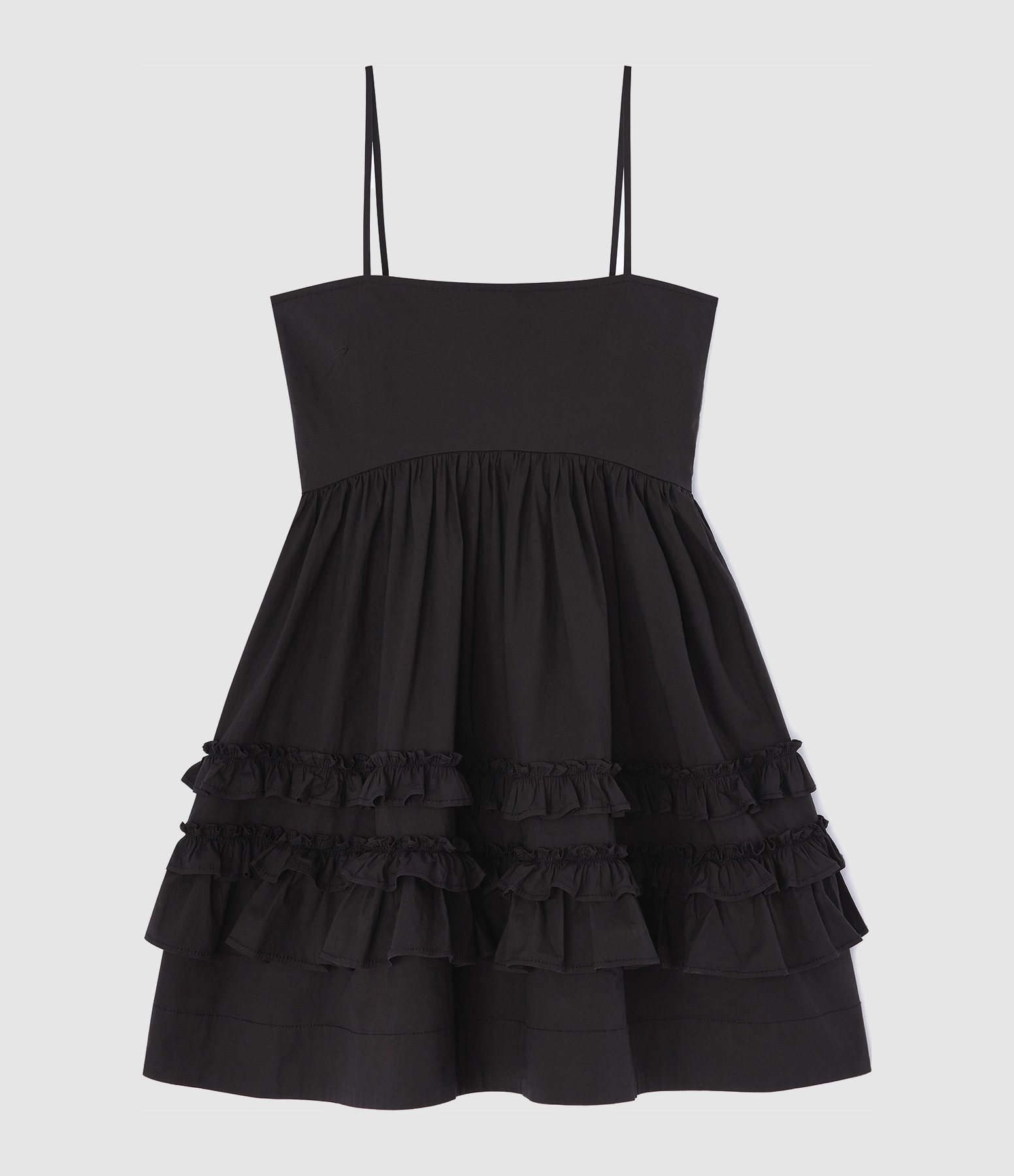 Black Stretch Cotton Strap Frill Dress