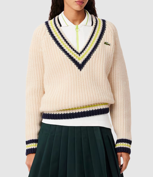 Oversized V-neck Tennis Jumper in Beige Wool