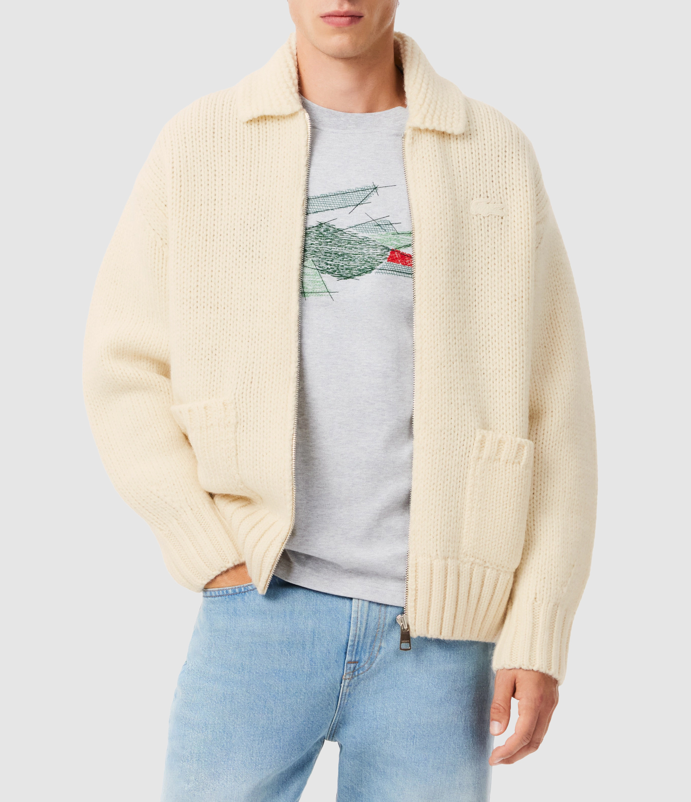 Men’s Shawl-Neck Cardigan in Beige Carded Wool