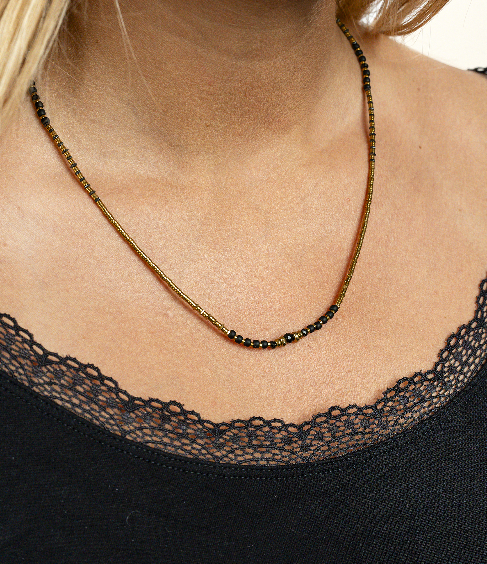 Alice Gold Black 3-strand Necklace and Bracelet, 49cm