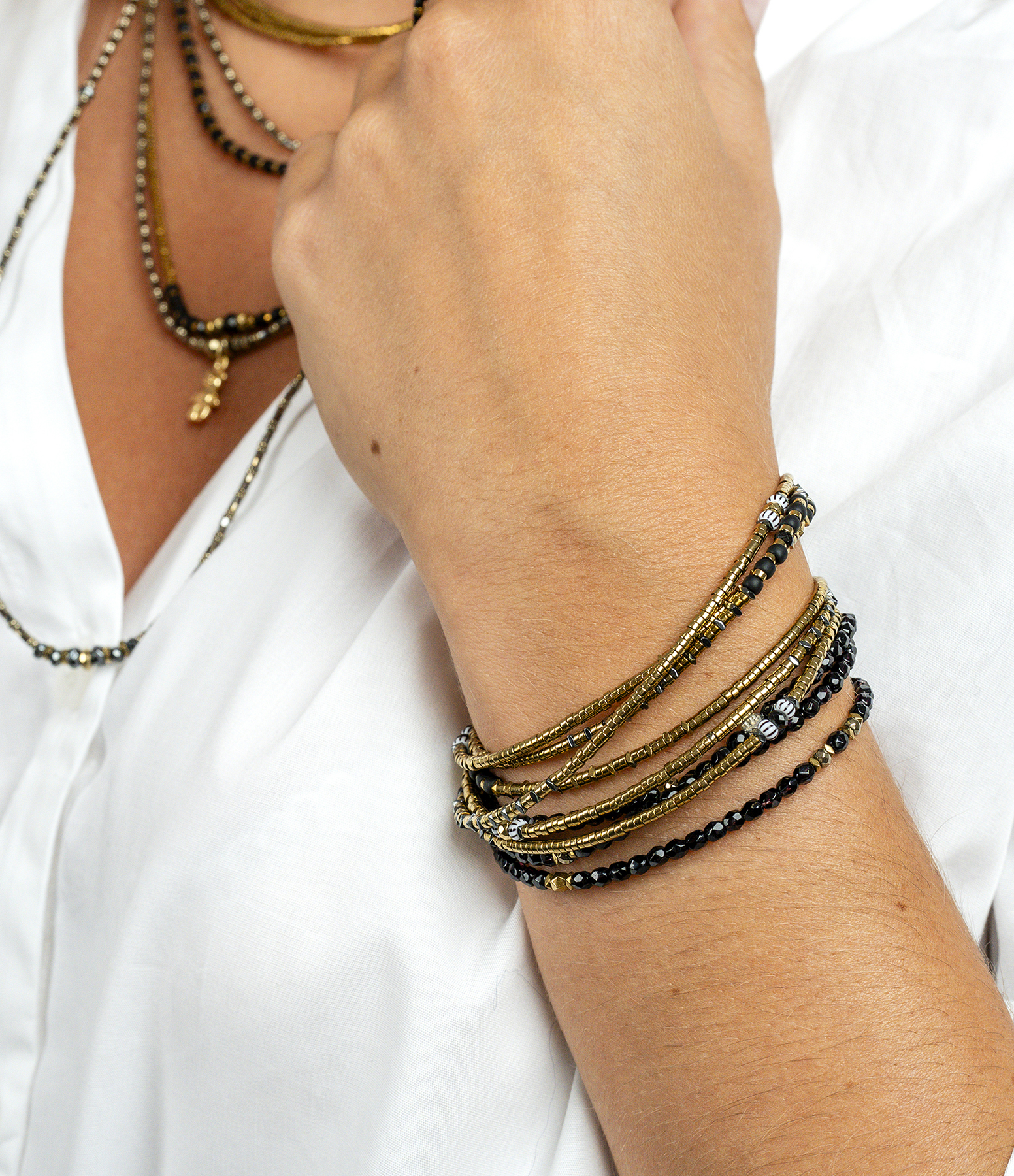 Alice Gold Black 6-Strand Necklace and Bracelet, 103cm