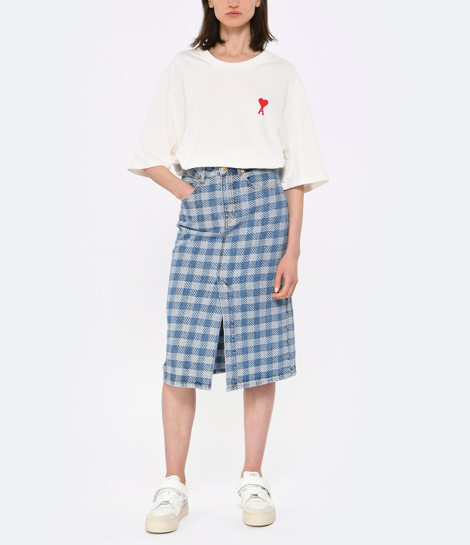Mid-Length Blue Bleached Cotton Skirt