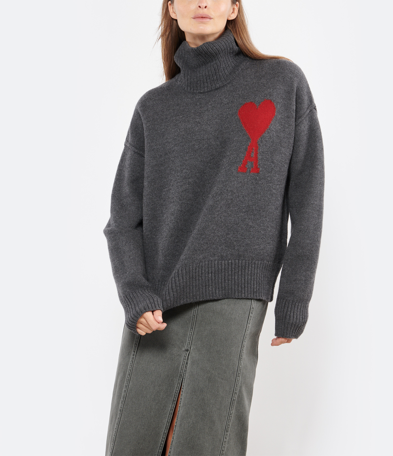 Unisex Roll-Neck Jumper – ‘Ami de Cœur’ in Heather Grey