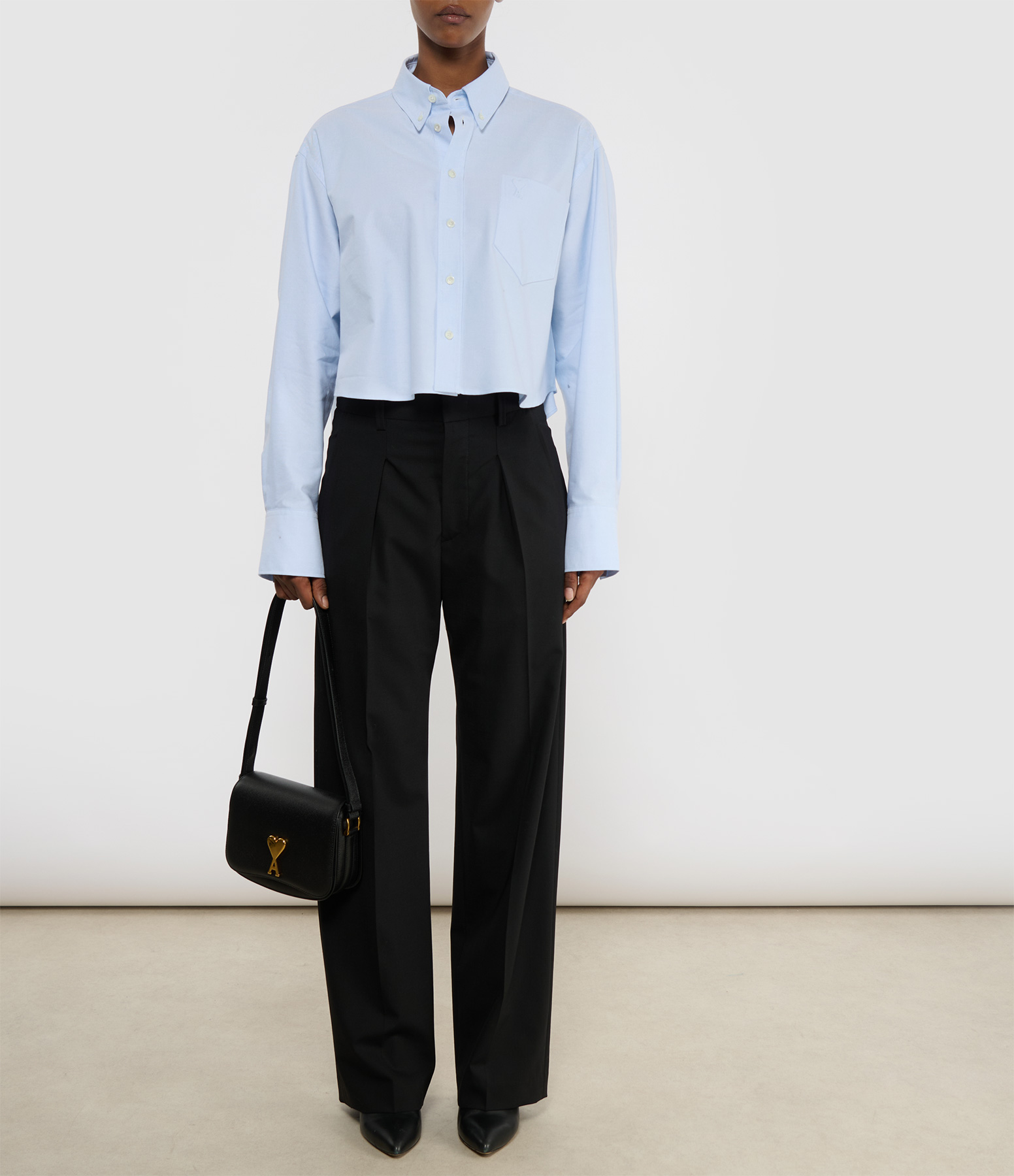 Oversized Cropped Button-Down Shirt with Embossed Adc Logo in Sky Blue