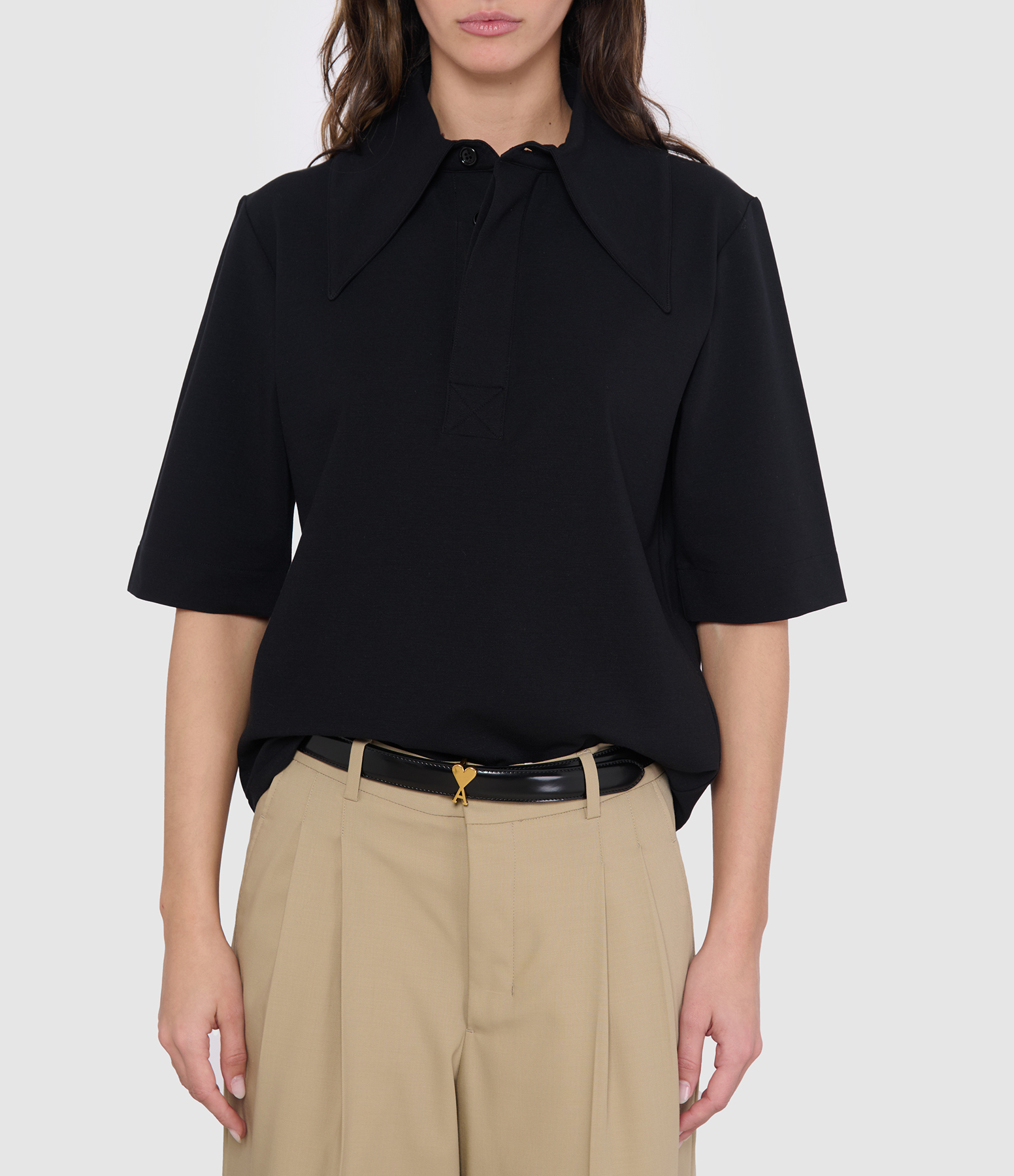 Black Sharp Collar Peplum Polo Shirt