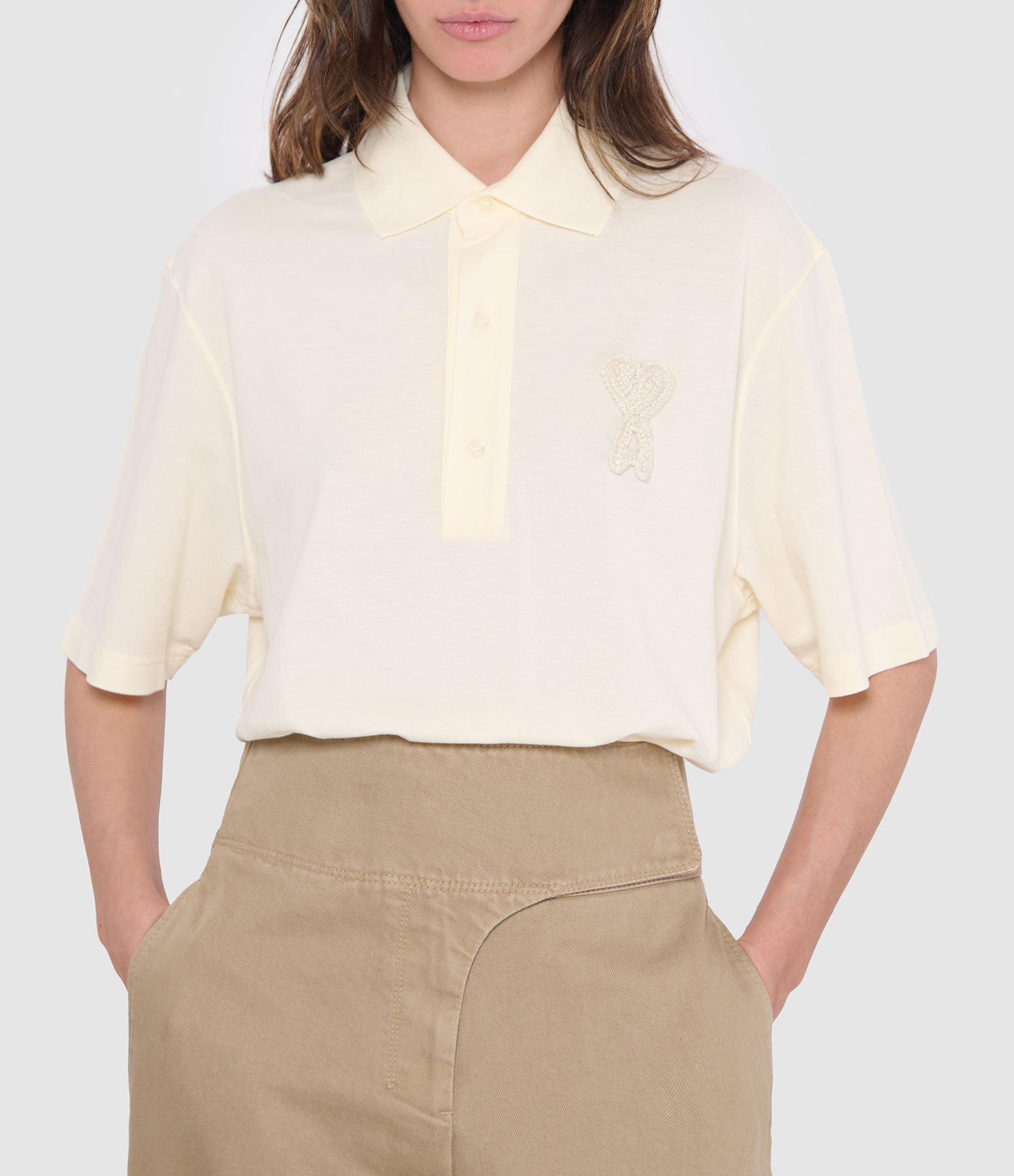 Ami De Cœur Boxy Fit Polo Shirt with Knitted Patch – White/Cream