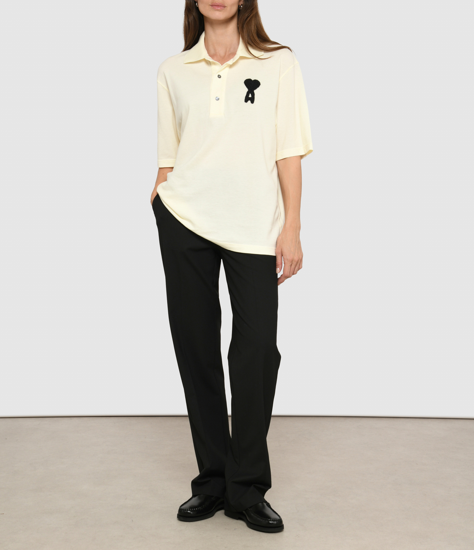 Ami De Coeur Boxy Fit Polo Shirt with Knitted Patch – White, Cream and Black
