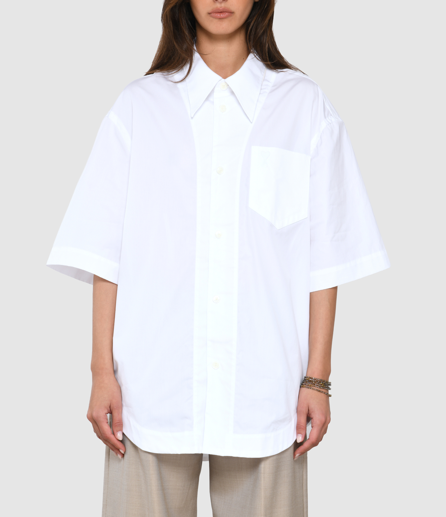 White Wide-Sleeved Shirt with Camp Collar and Patch Pocket