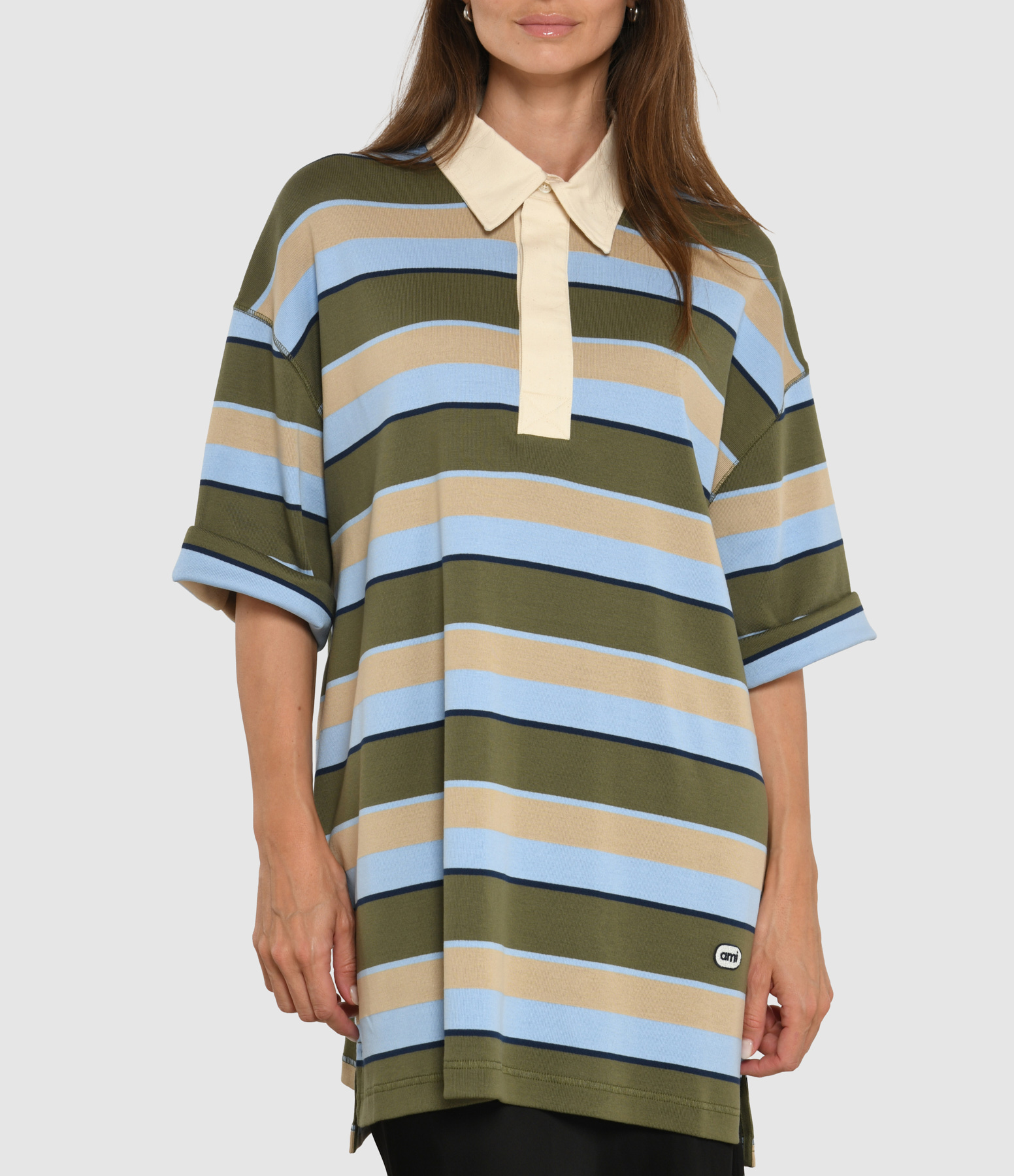 Oversized-Fit Striped Polo Shirt in Blue, Khaki, Taupe and Ink