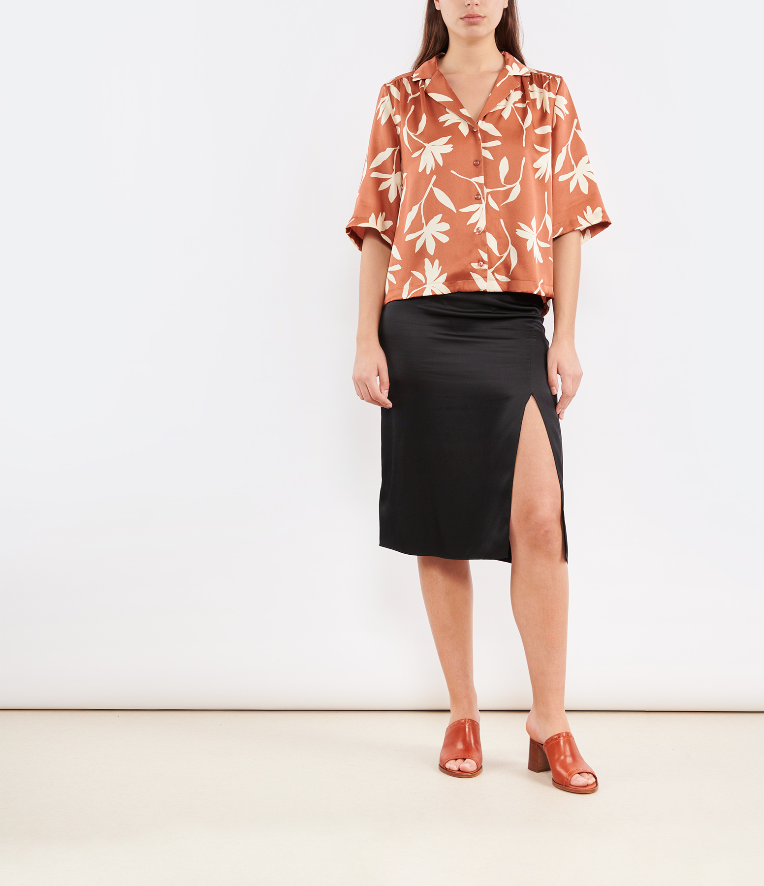 Daisy Silk Shirt with Terracotta Print