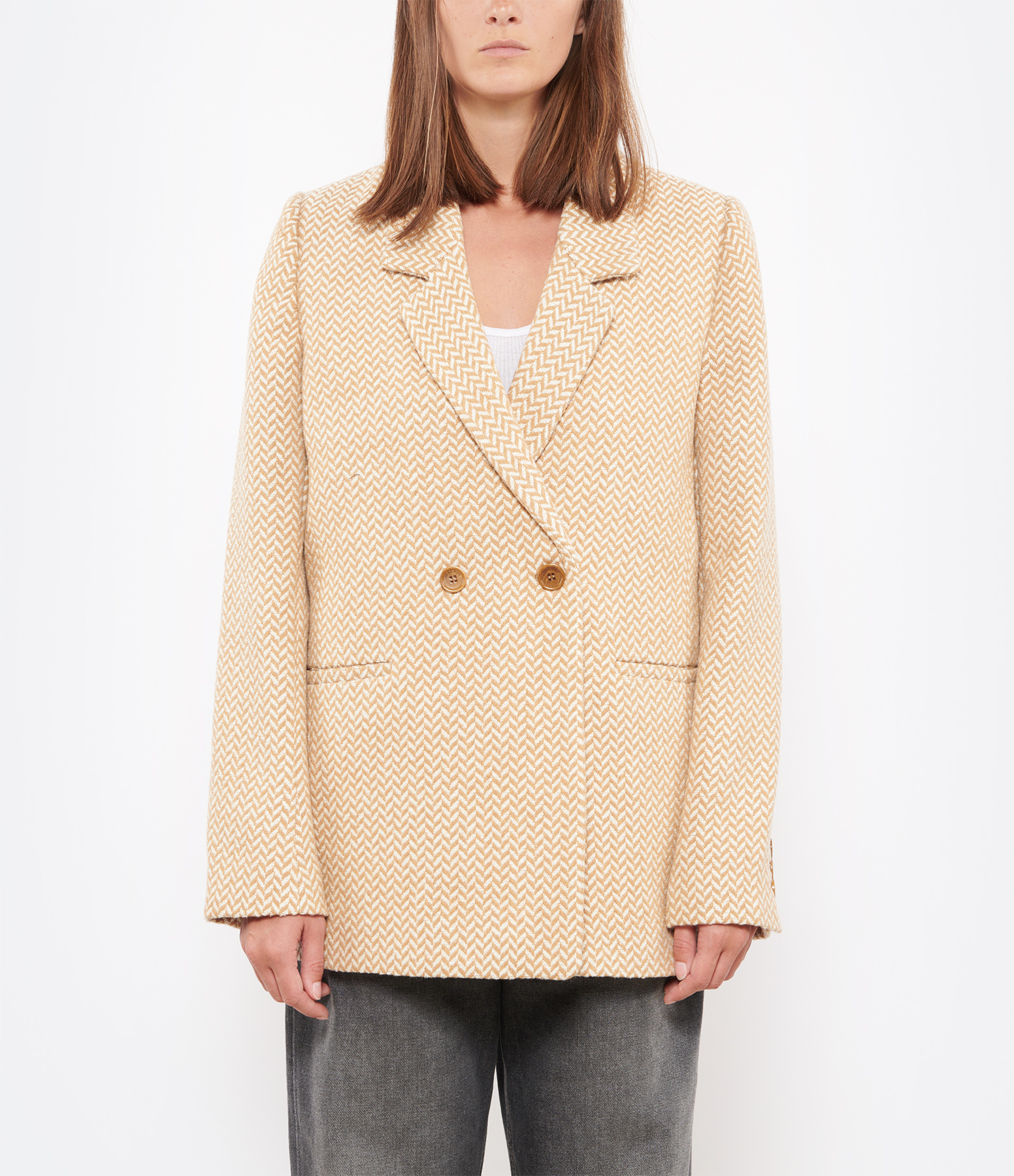 Fishbone Blazer Jacket in Tan and Cream