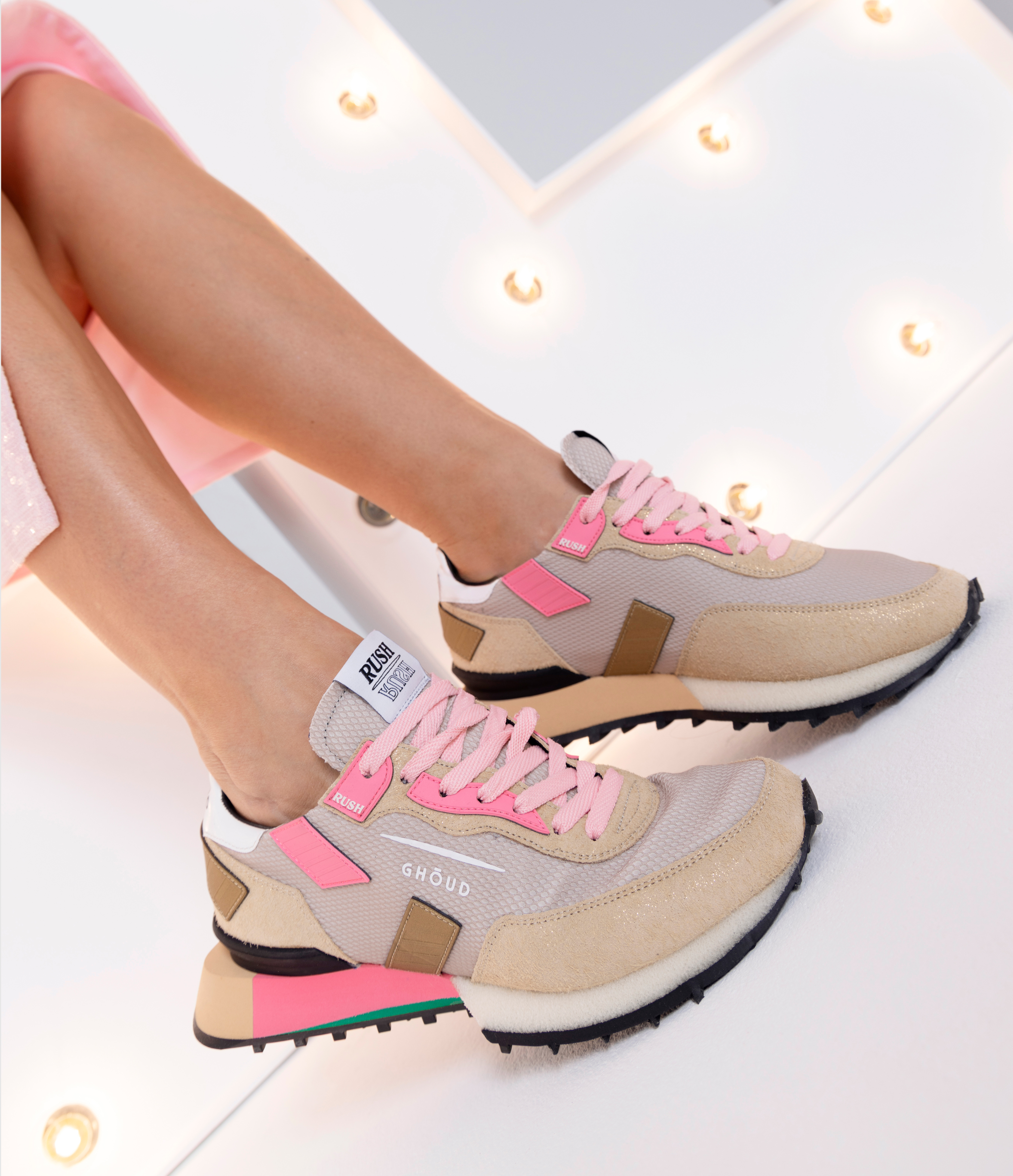 Rush Low Mesh trainers in gold and pink suede, Lulli 20th Anniversary Exclusive