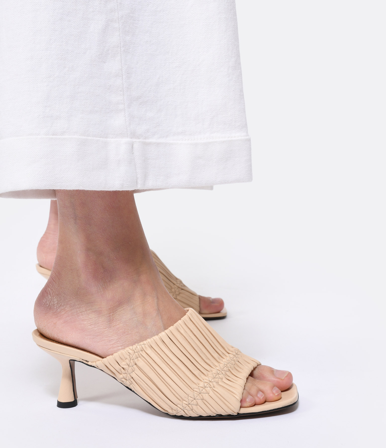 Caserta Pleated Leather Mules in Beige