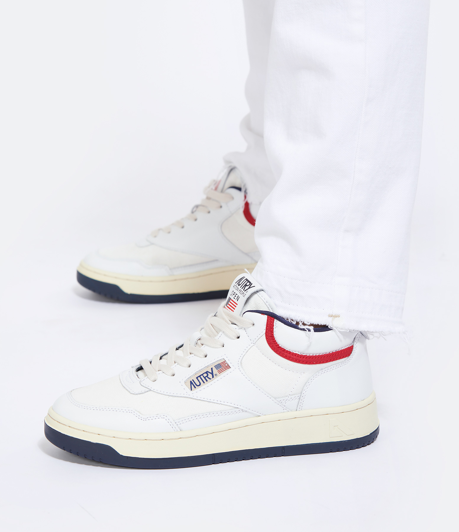 White and Red Open Mid Leather Trainers
