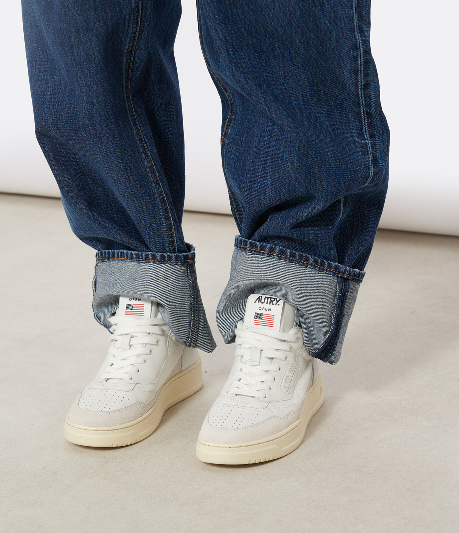 White Leather Open Mid Trainers