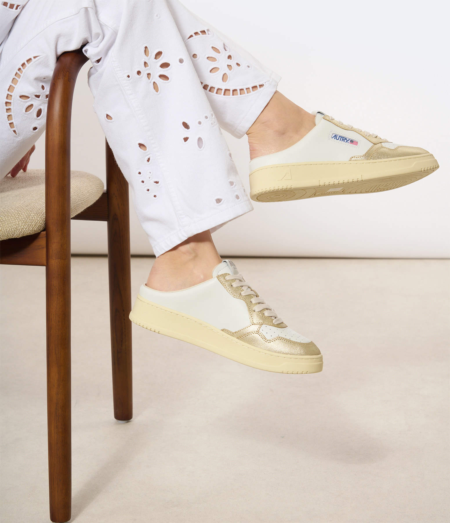 Medalist Mule Trainers in White Leather and Platinum