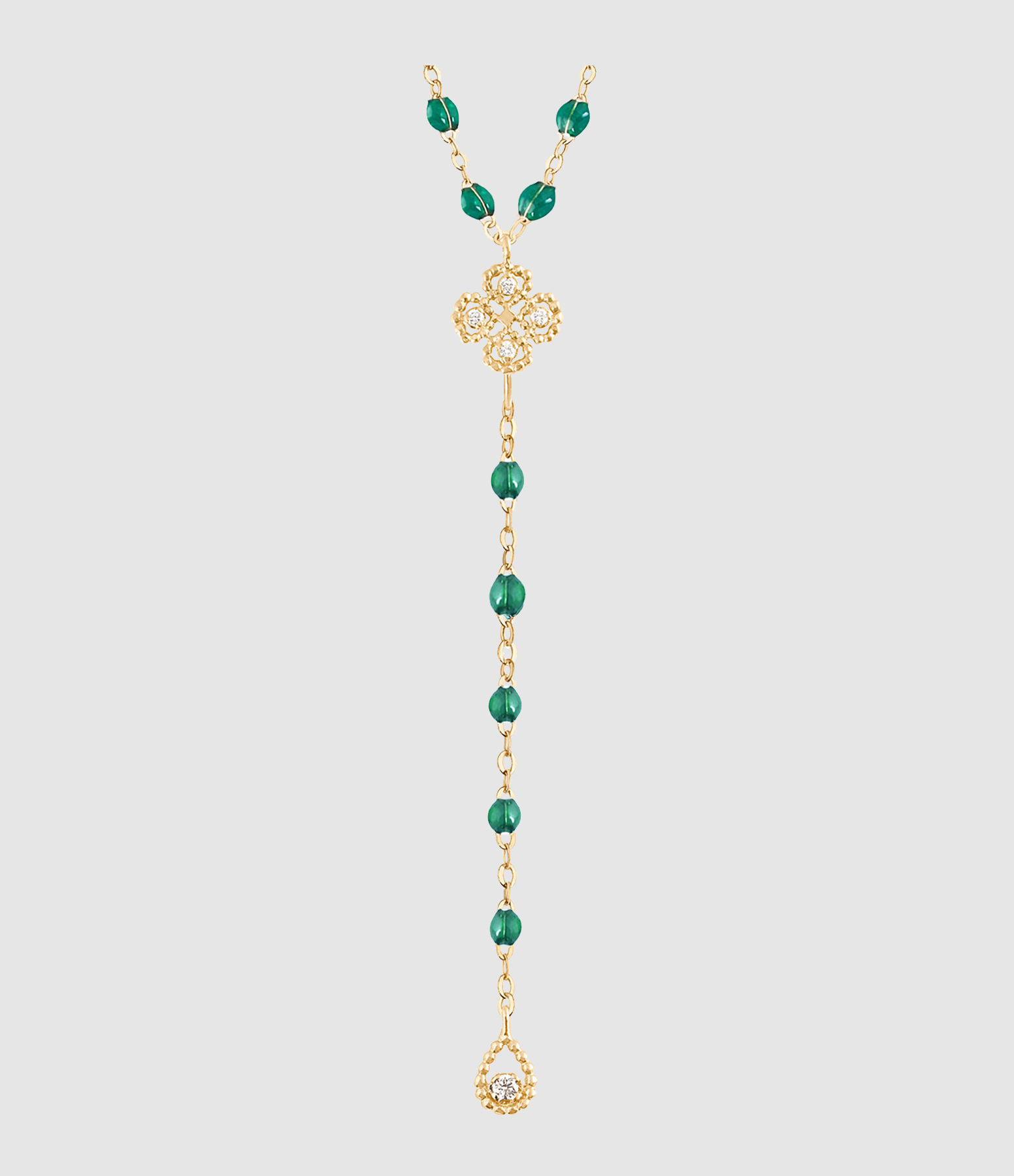 Lucky Clover Rosary Necklace with Diamonds, Resin and Gold
