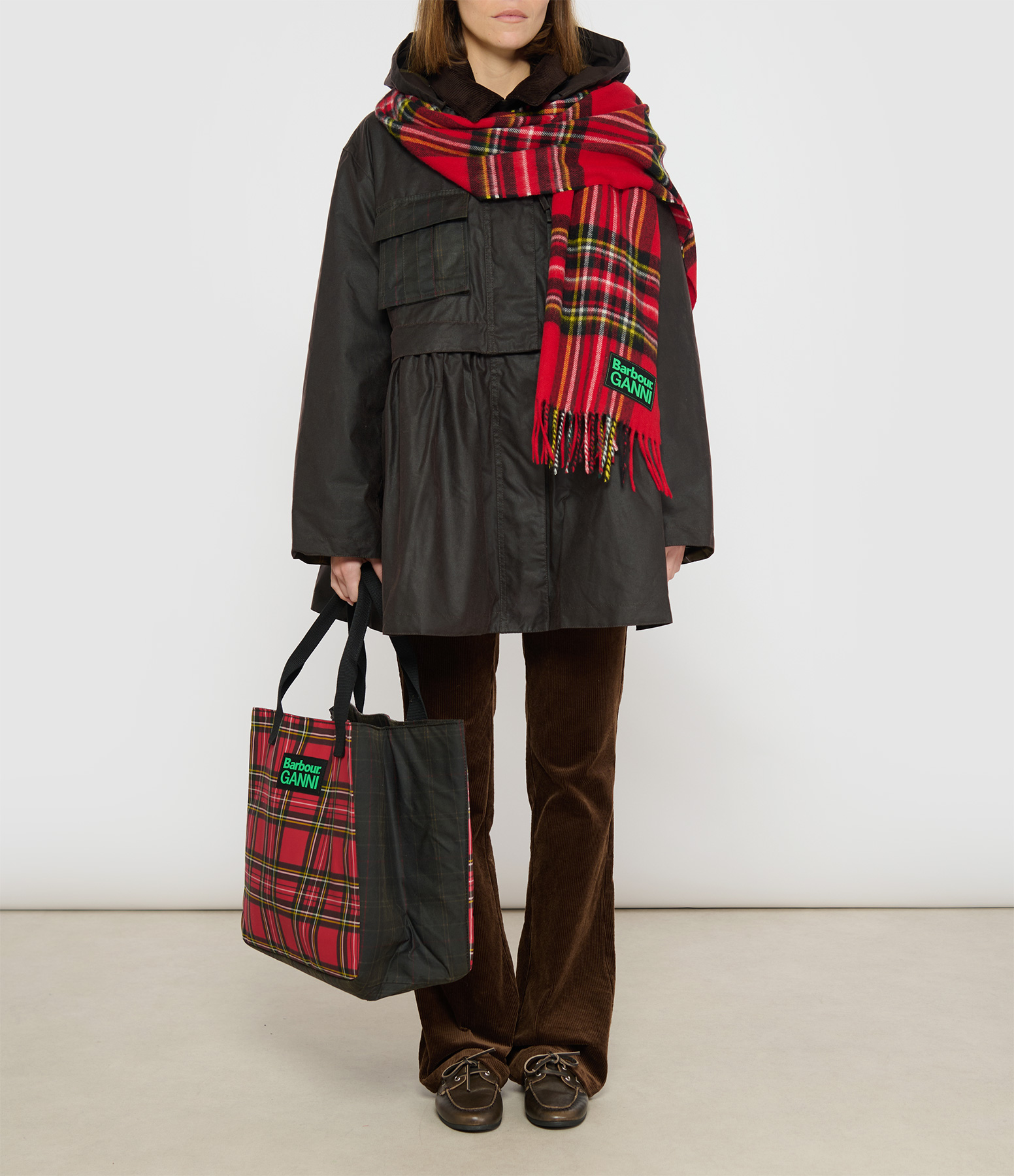 Ganni Peplum Wax Rustic Classic Tartan Jacket, Barbour x Ganni Collaboration