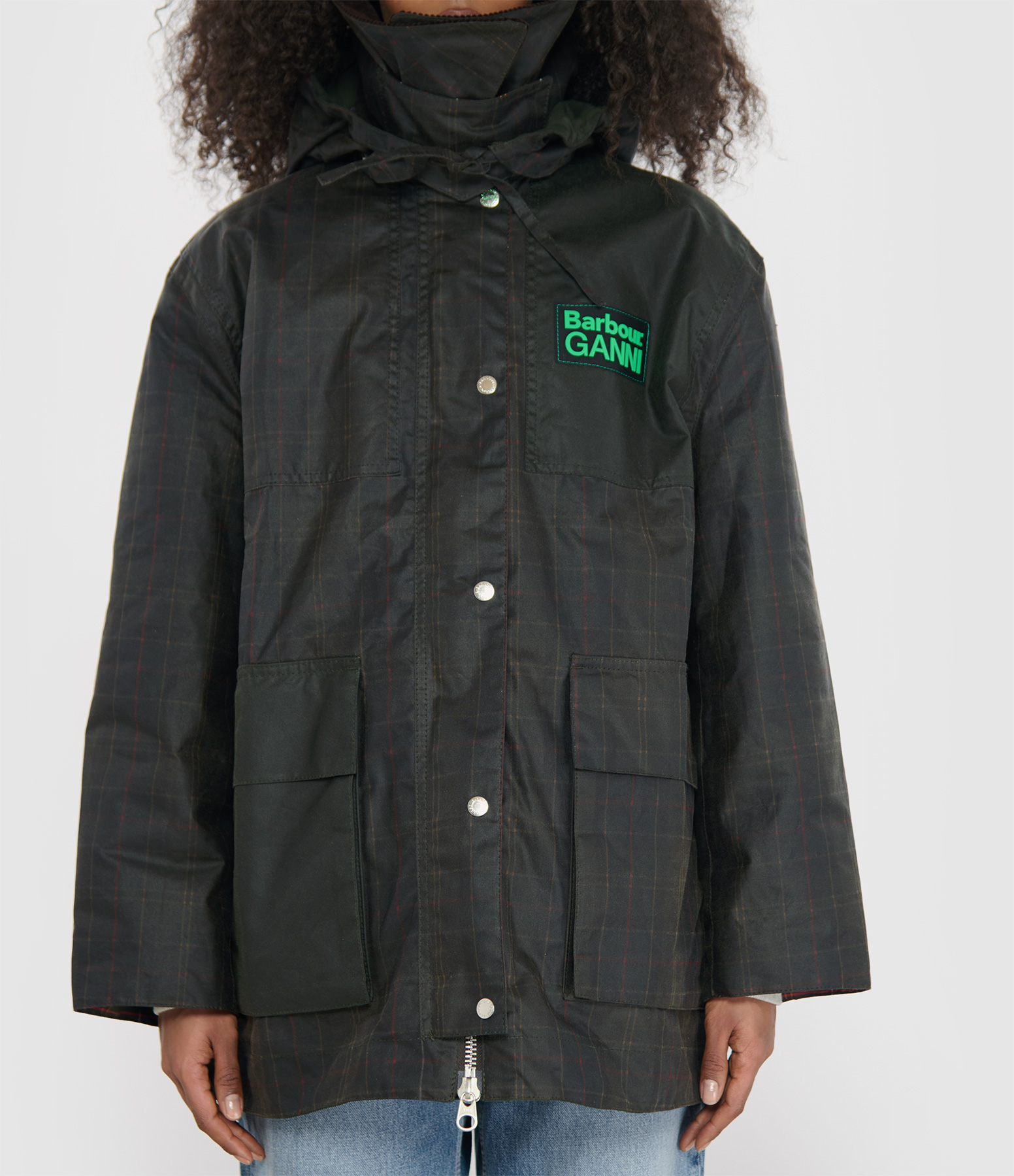 Ganni Hooded Duffle Wax Classic Tartan Fern Jacket, Barbour x Ganni Collaboration