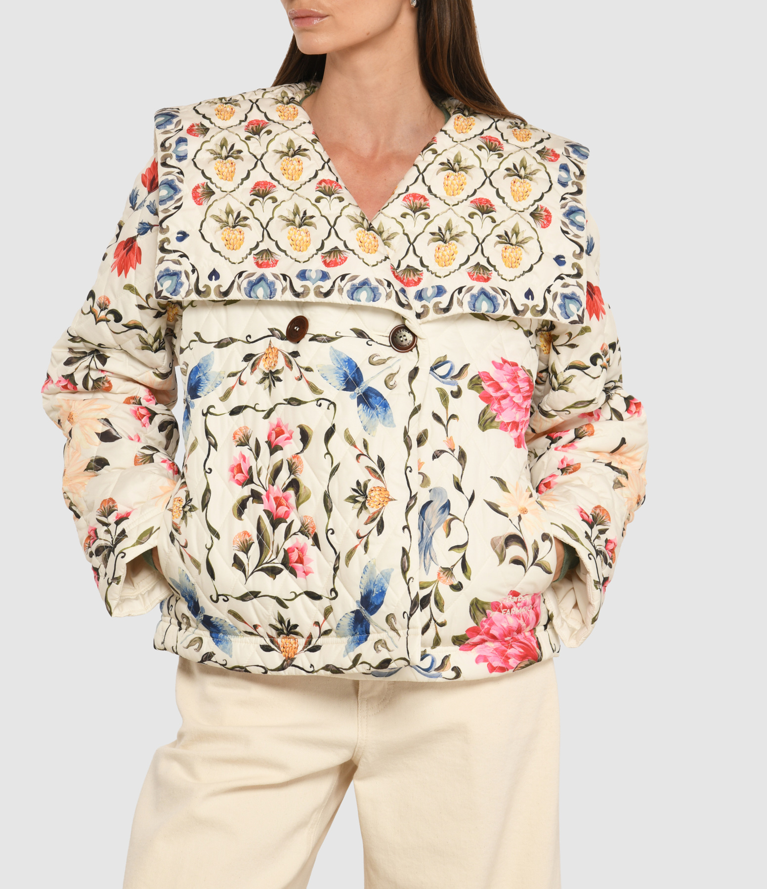 Azelia Cream Spring Petal Flower Quilted Jacket, Barbour x Farm Rio Collaboration