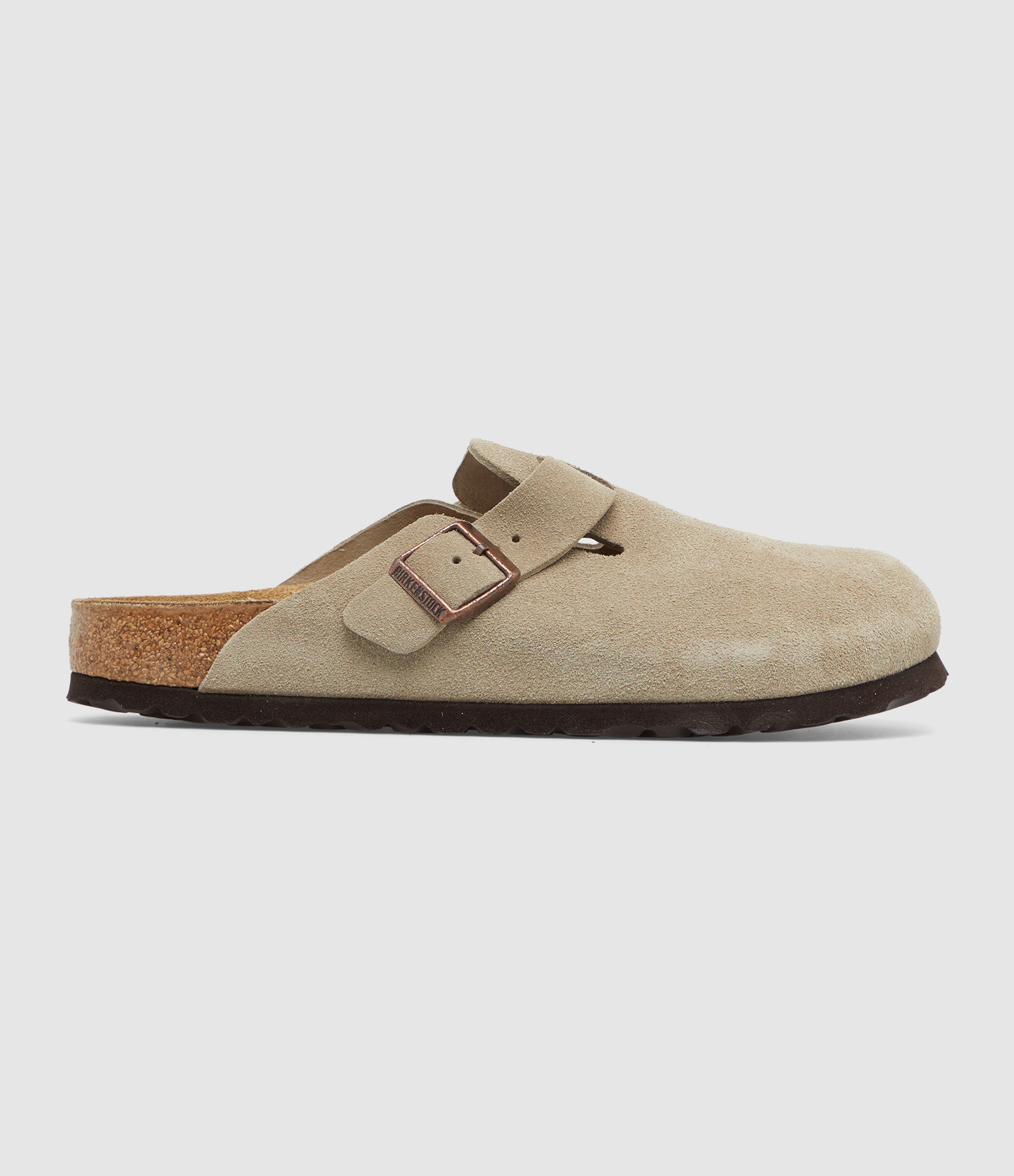 Boston Suede Leather Clogs in Taupe