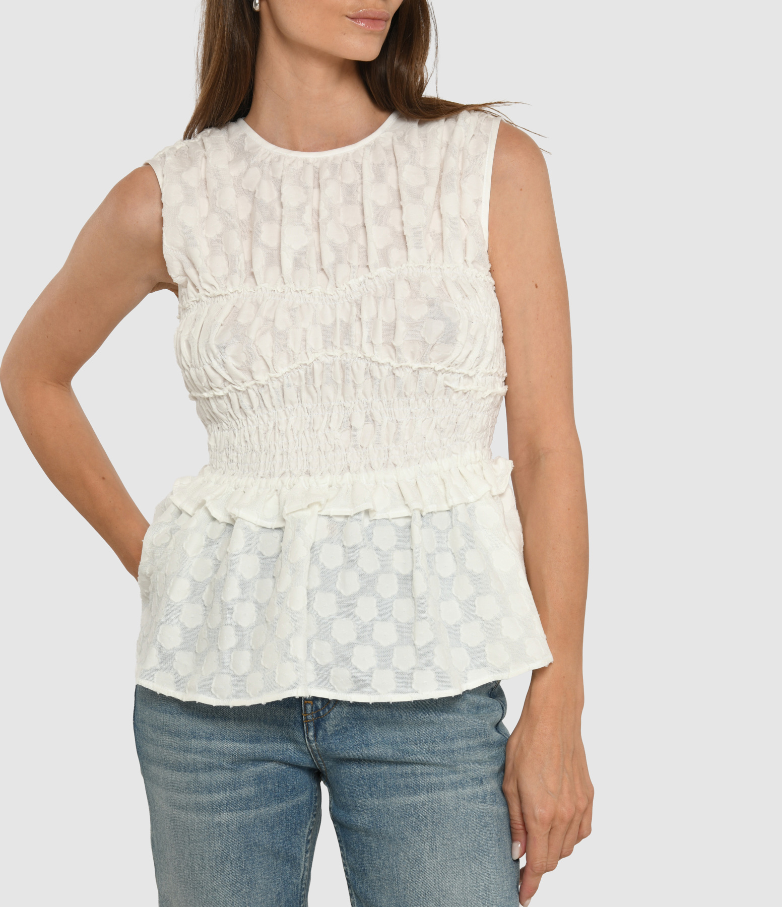 White Top with Waist Ruffle