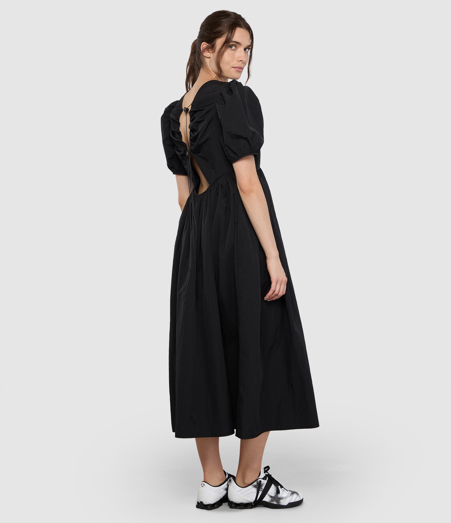 Black Dress with Puff Sleeves and a Drawstring Waist