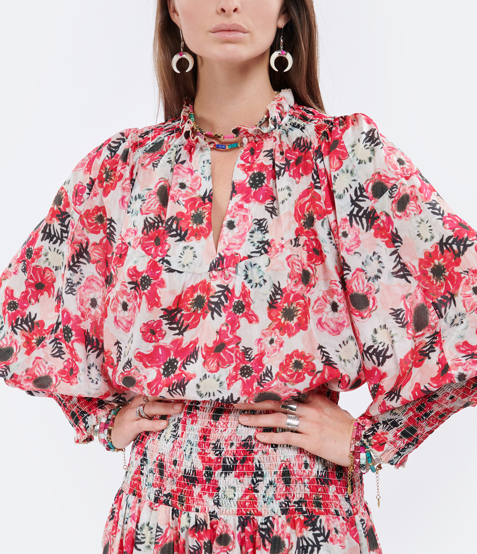 Bianca Silk Blouse, Donato White Print