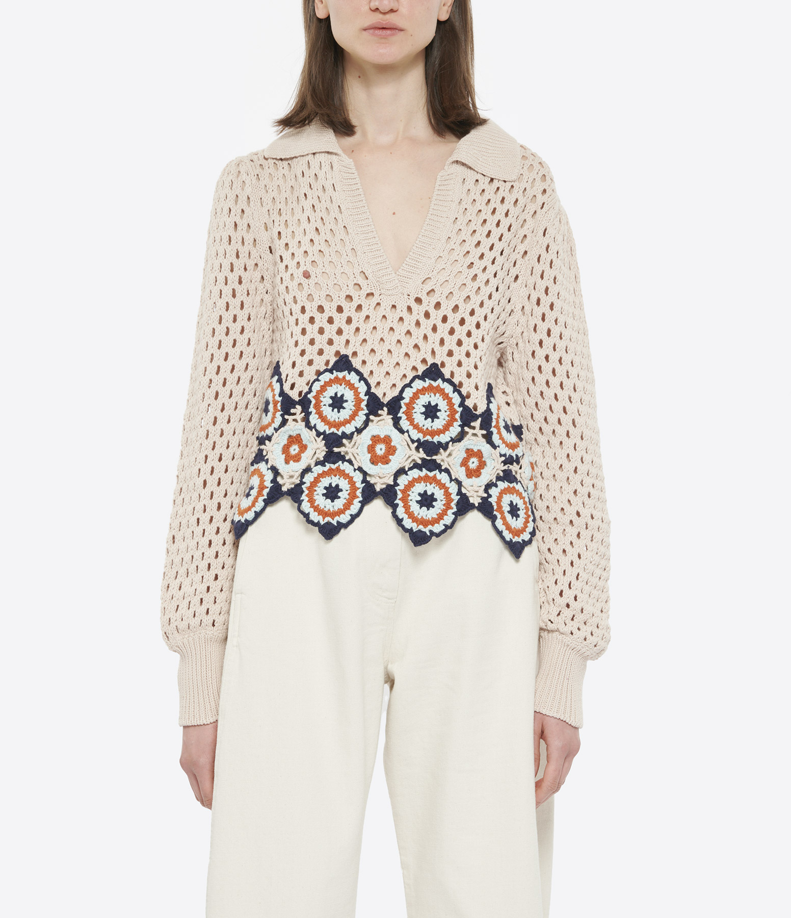 Beige Crocheted Cotton Jumper