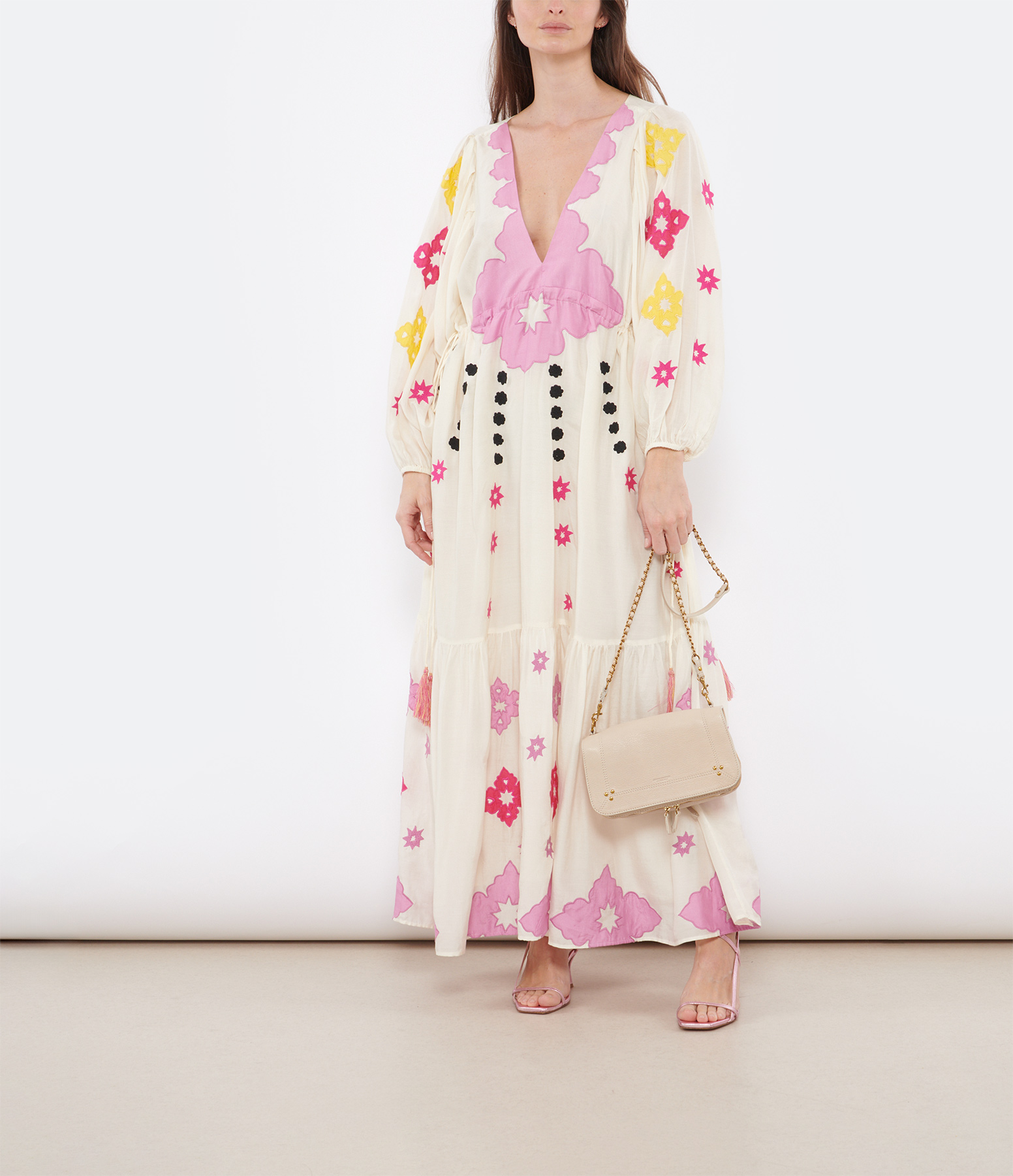 Long Gypsy Dress with Stencil Embroidery in Cream