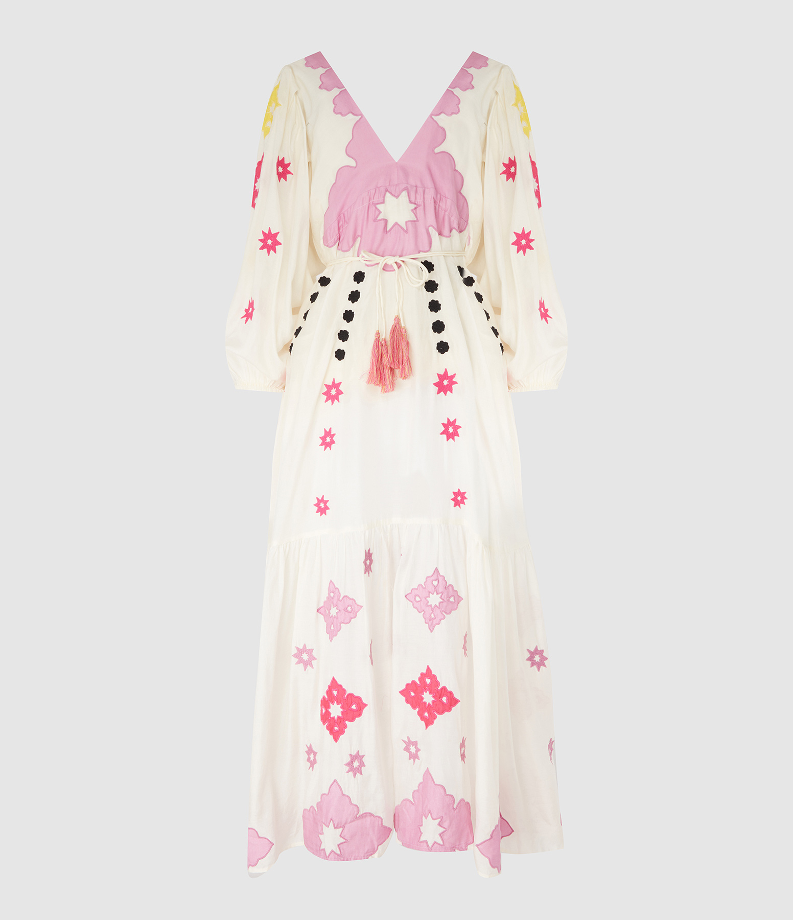 Long Gypsy Dress with Stencil Embroidery in Cream