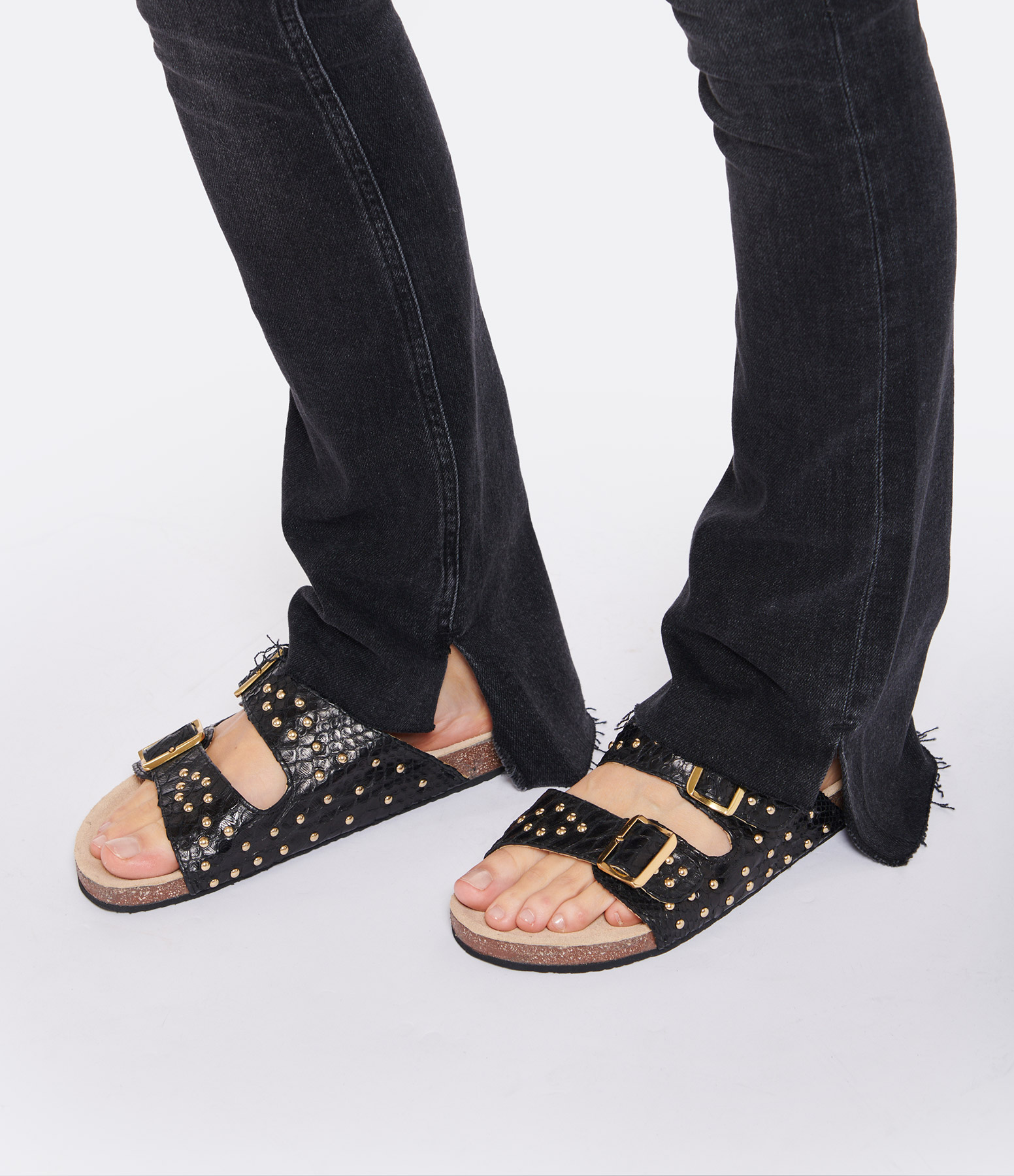 Odette Python Studded Mules – Black and Gold