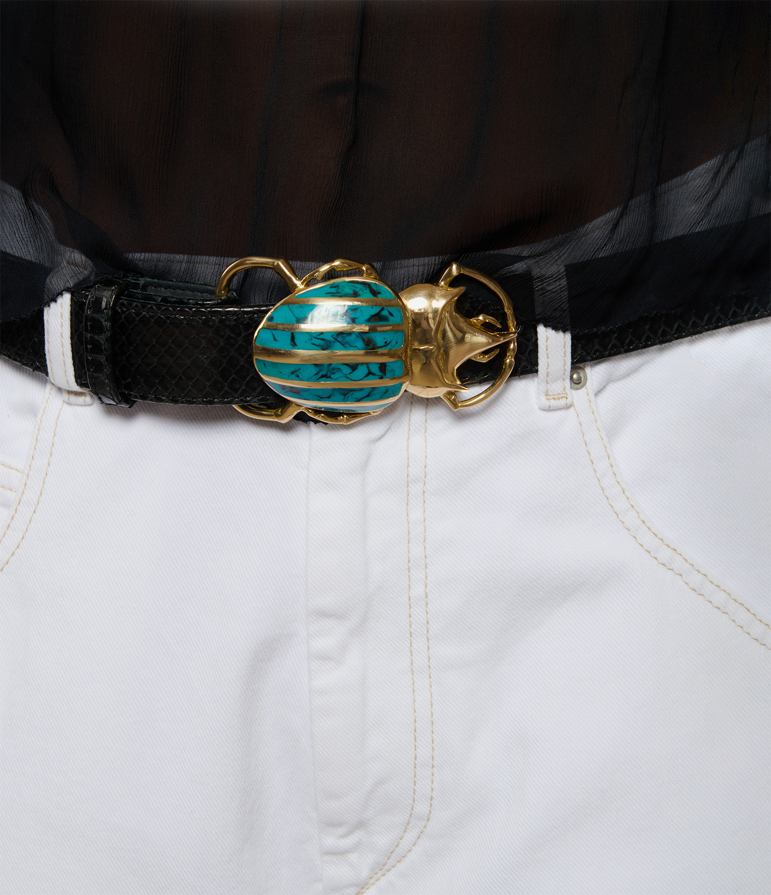 Black Python Beetle Belt with Turquoise and Gold Accents
