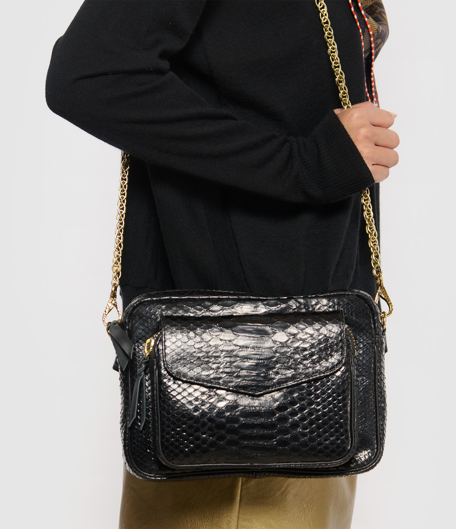 Big Charly Python Bag with Gold Chain – Black