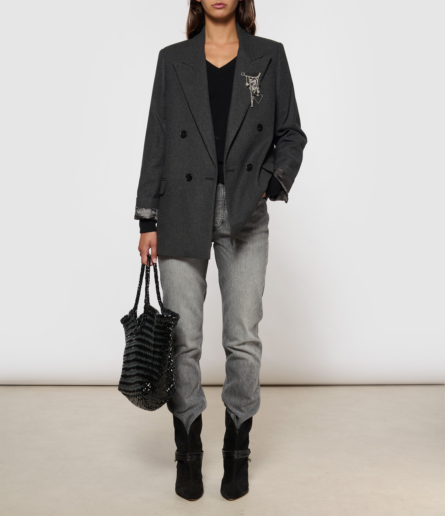 Fitted Double-Breasted Blazer in Anthracite Melange