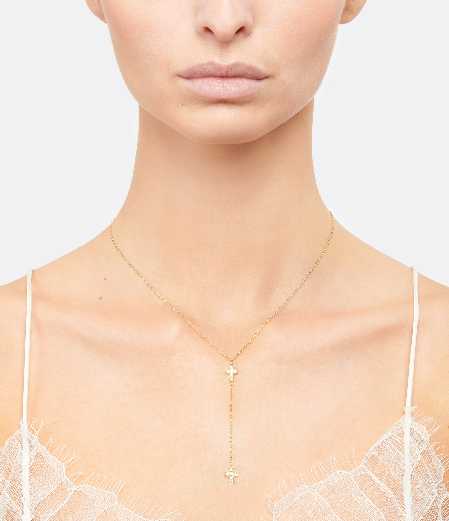 Gold Chain Necklace with Rosary and Diamond Cross