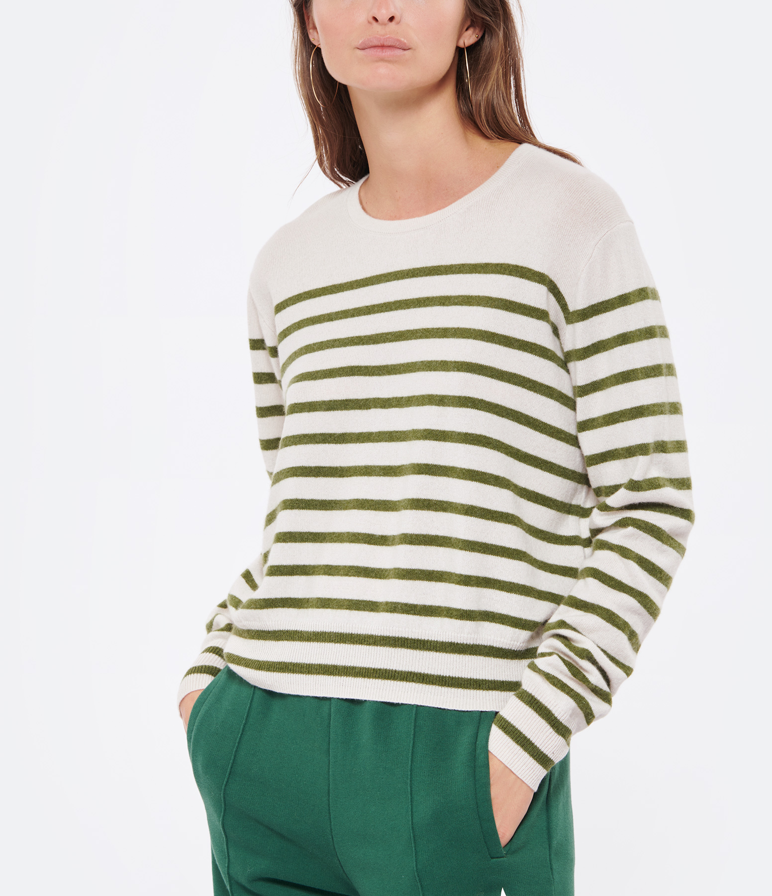 White and Khaki Striped Cashmere Jumper