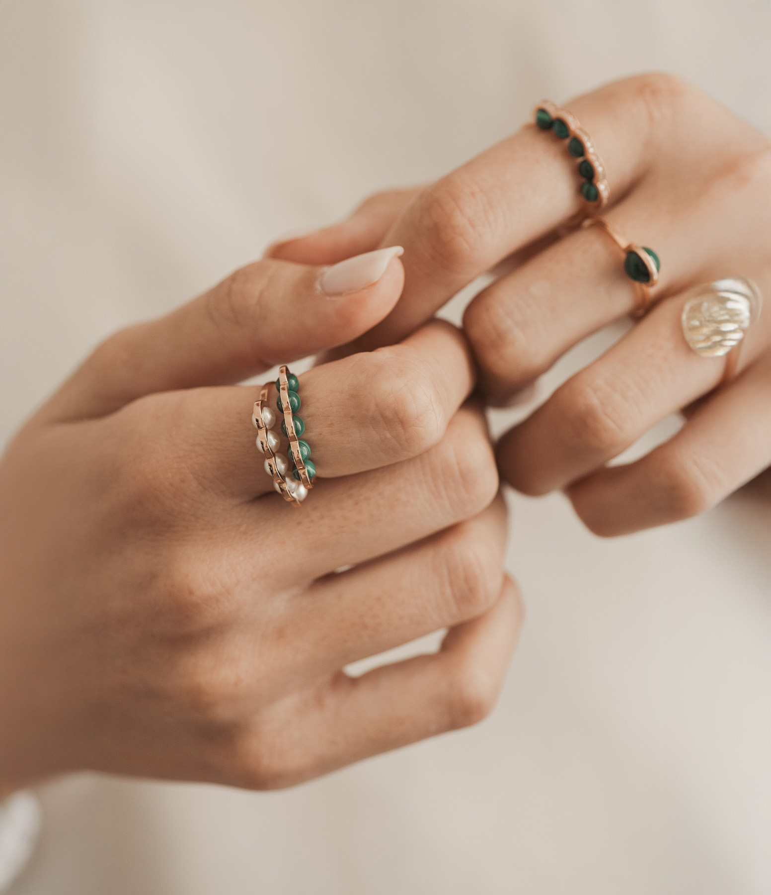 Coco Beach Ring with Five Malachite Pearls in Rose Gold