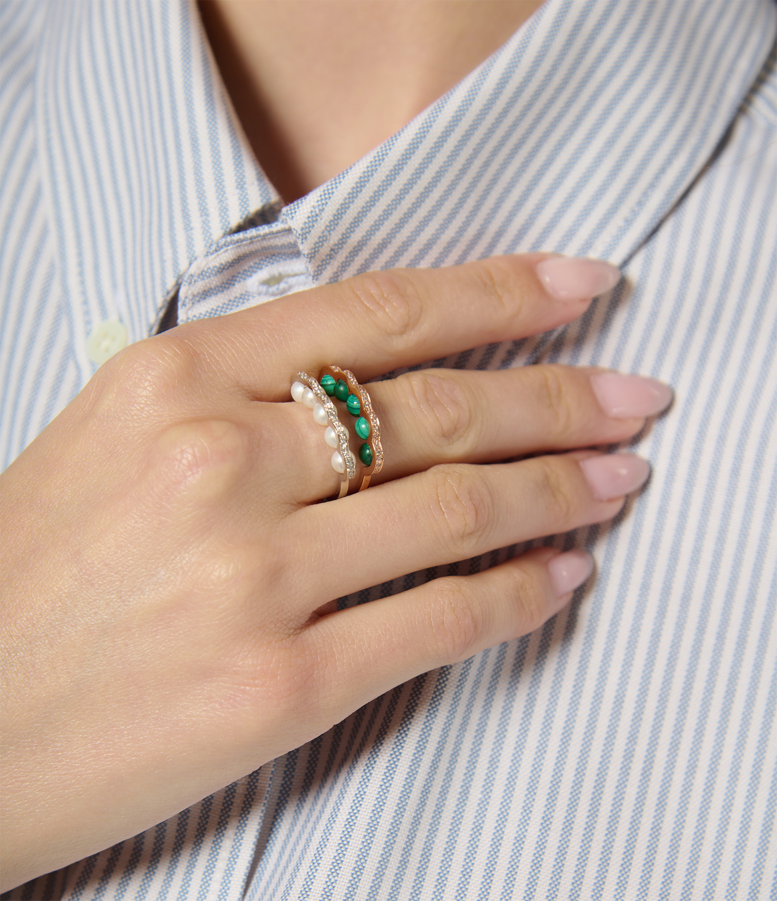 Coco Beach Ring with Five Cultured Pearls, White Gold and Diamonds