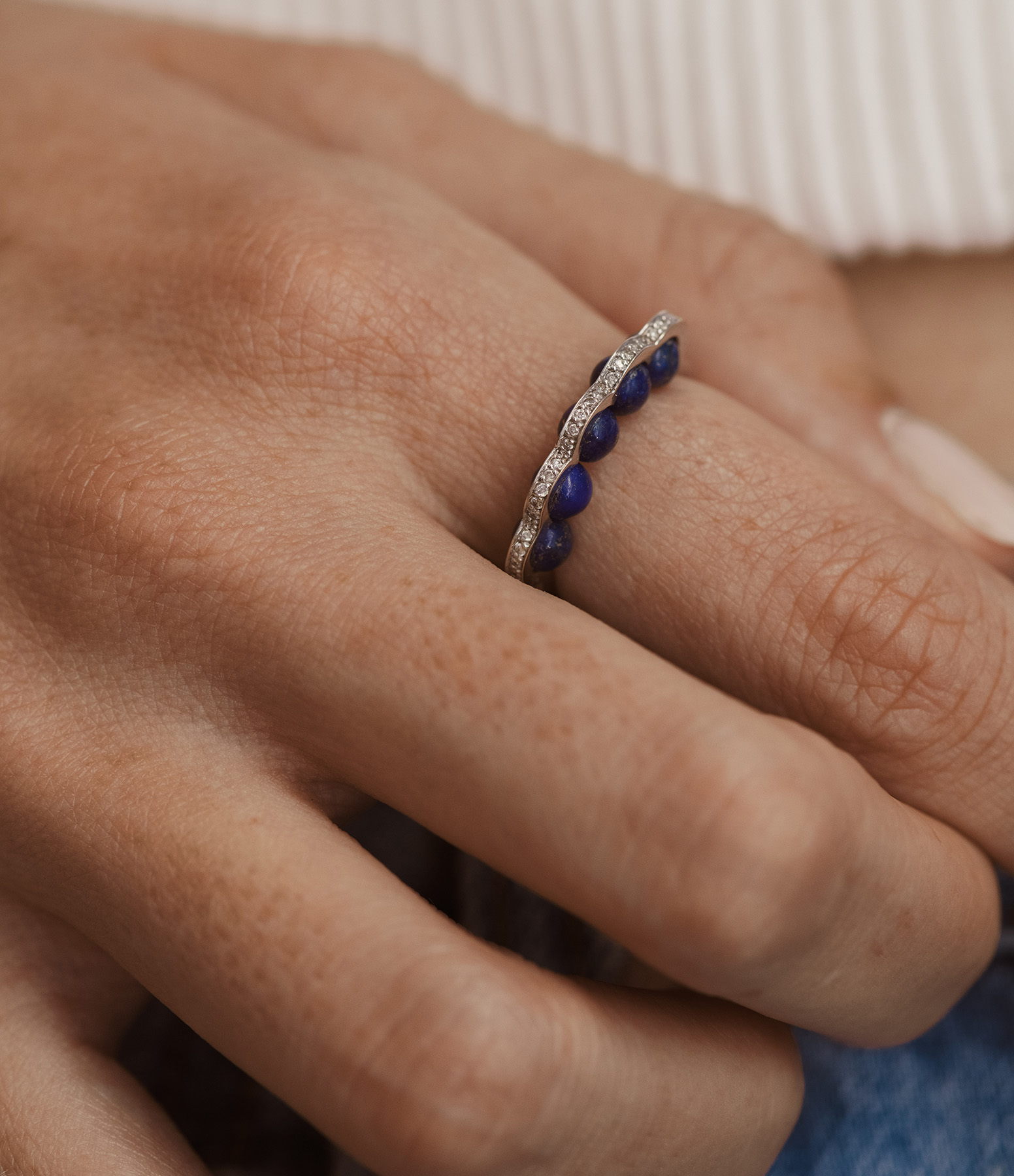 Coco Beach Ring with Five Lapis Lazuli Pearls, White Gold and Diamonds