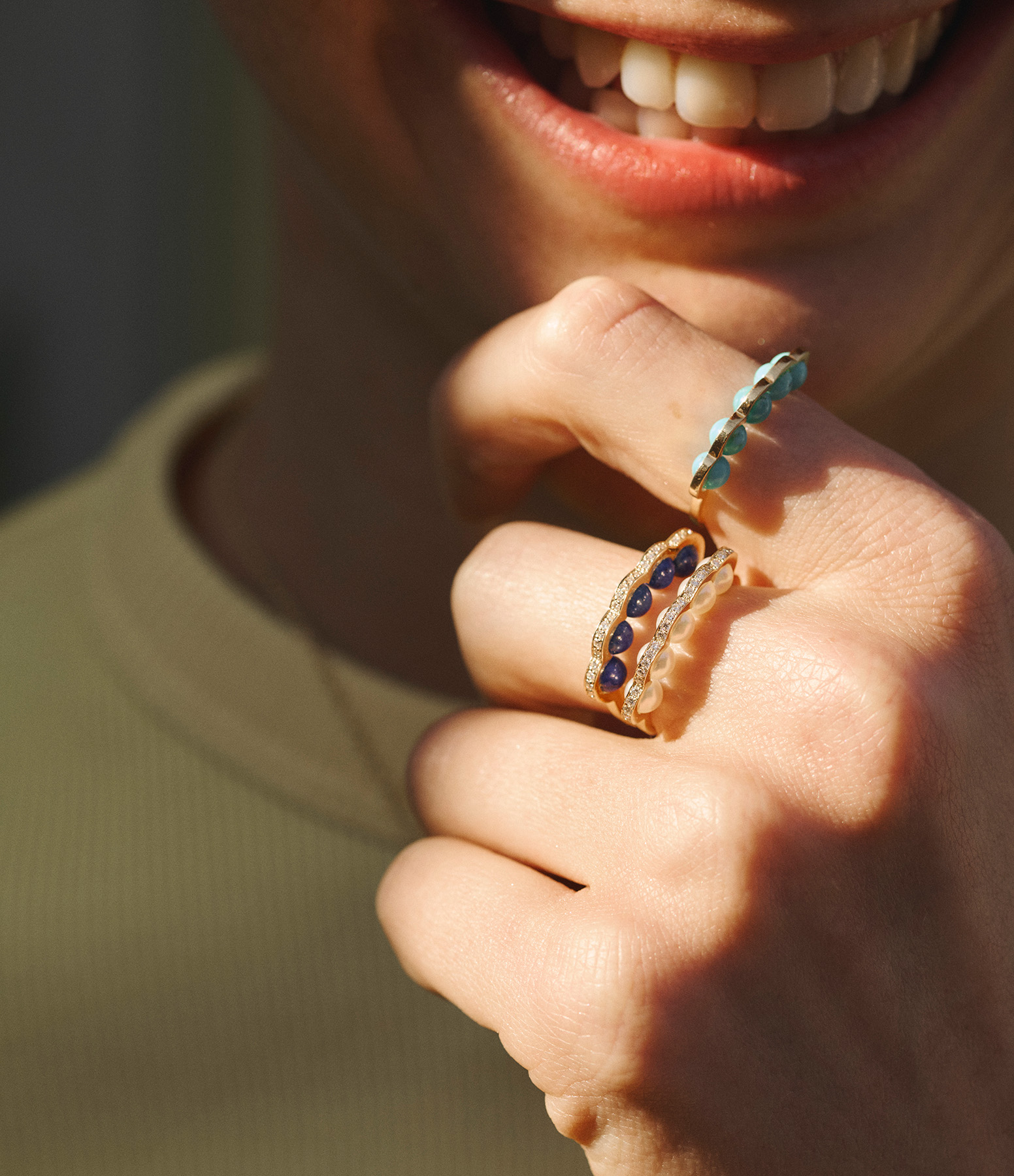 Coco Beach Ring with Five Cultured Pearls, Yellow Gold and Diamonds