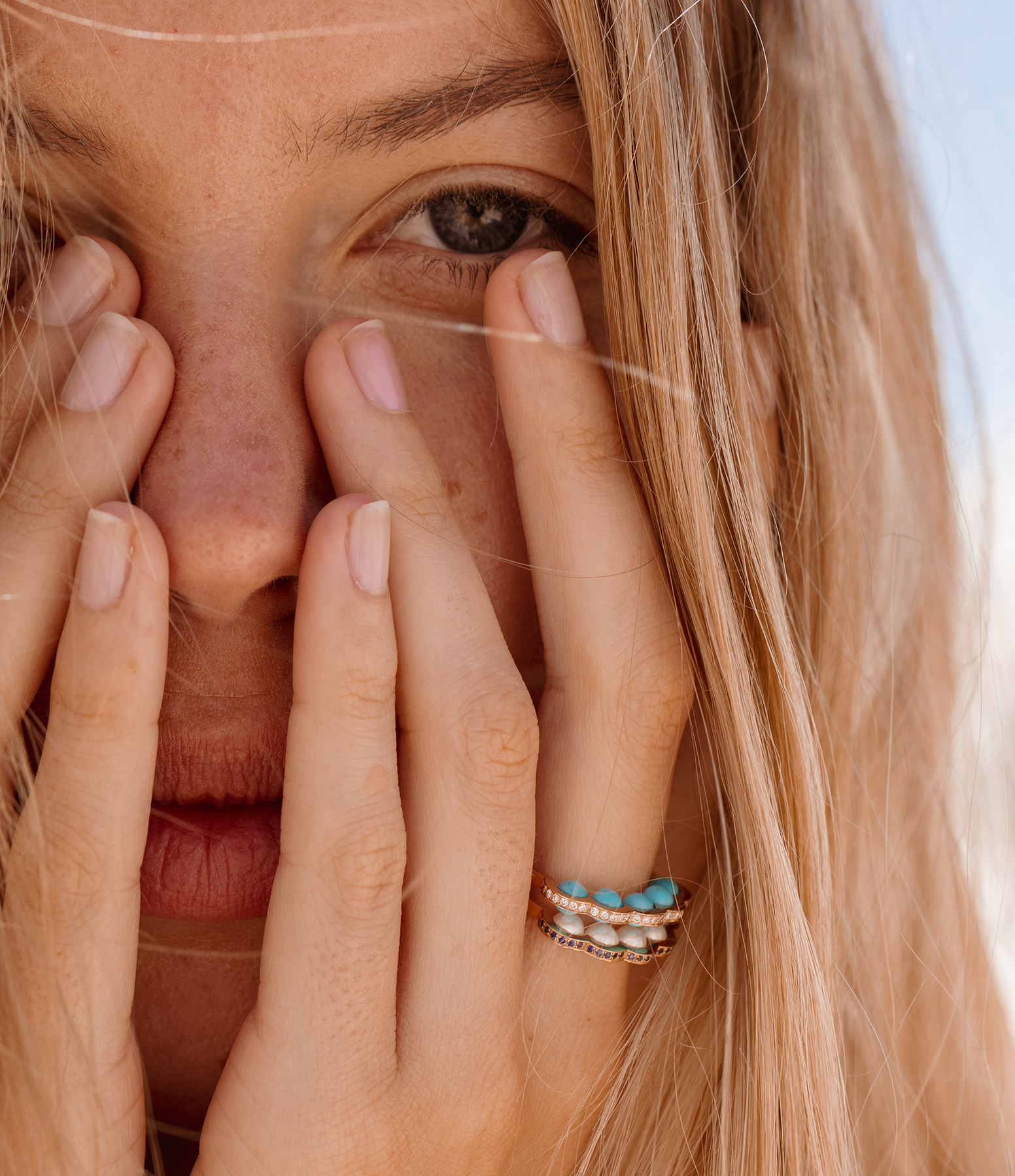 Coco Beach Ring with Five Turquoise Pearls, Yellow Gold and Diamonds