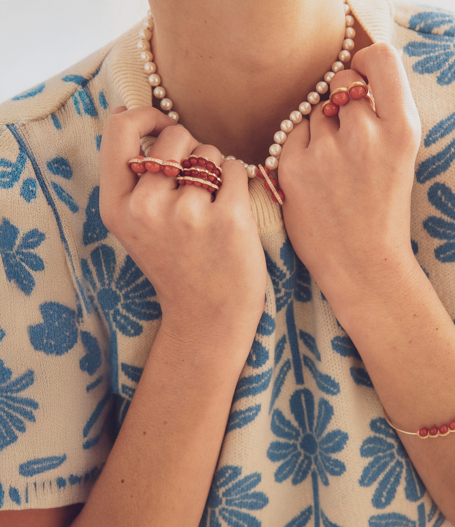 Reserve Three Coral Pearls Ring in Yellow Gold
