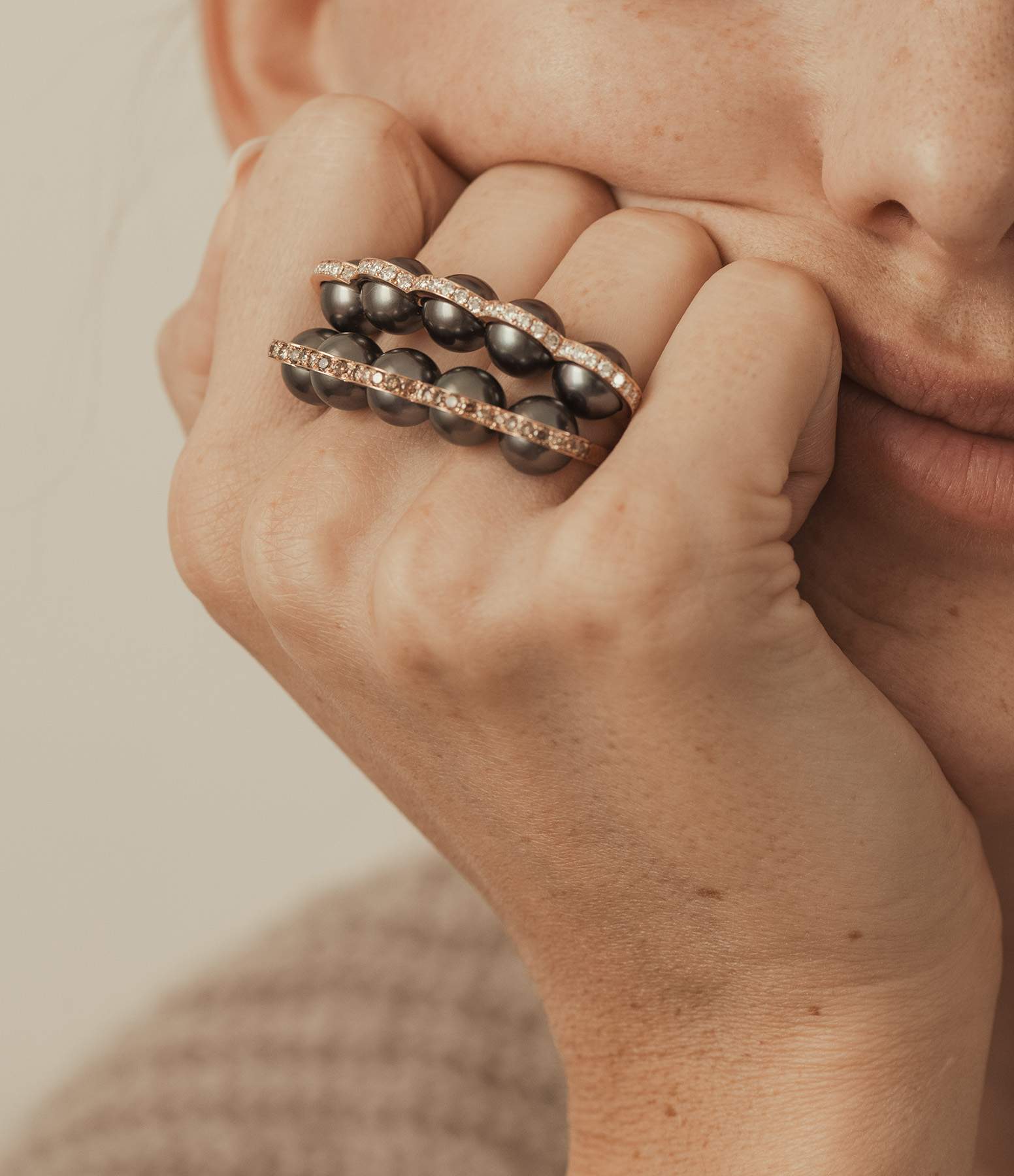 Sporting Five Tahitian Pearls Ring in Yellow Gold with Diamonds